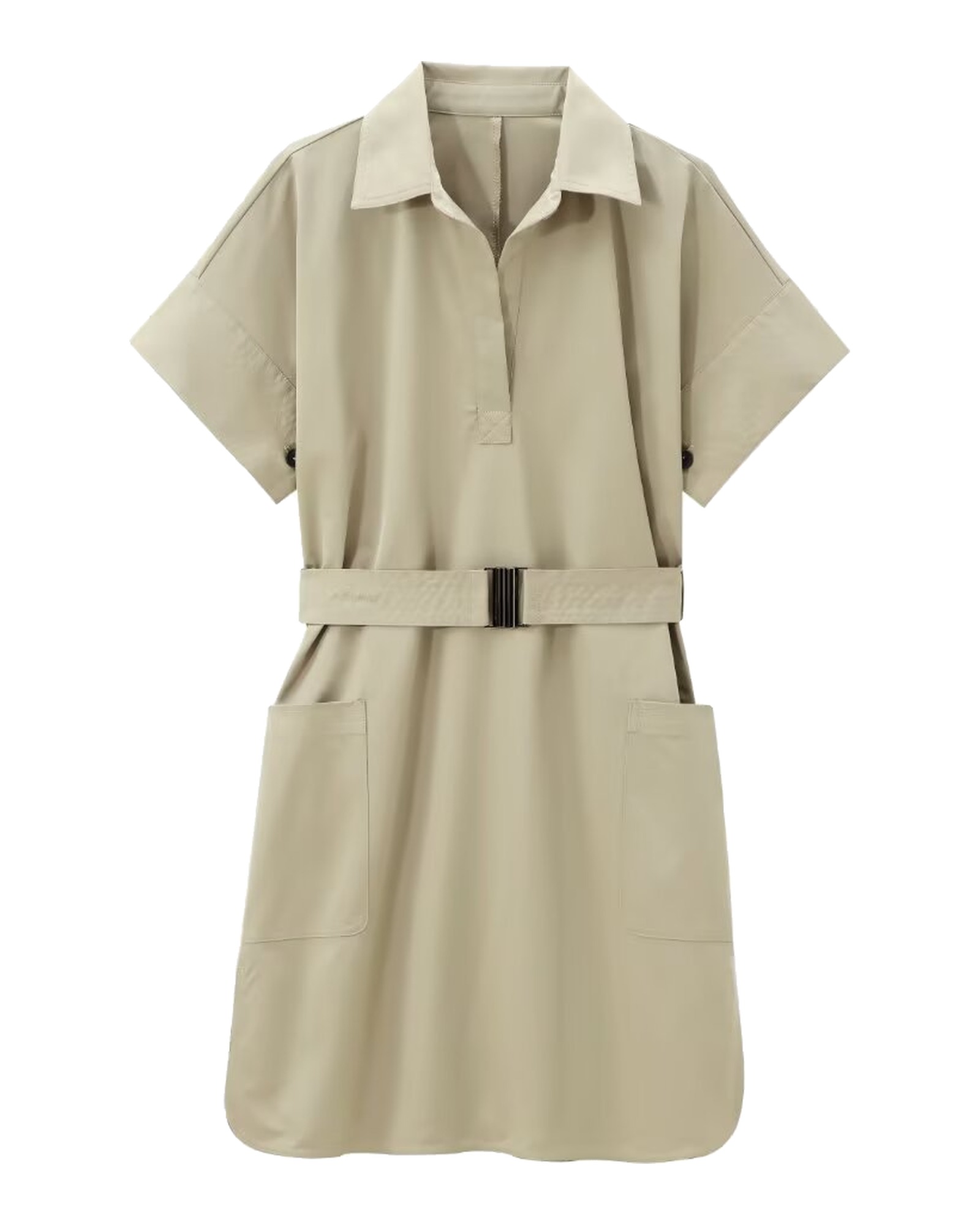 Ellen khakifarbenes Utility-Hemdblusenkleid mit kurzen Ärmeln und Gürtel, Vorderansicht — Produktfoto