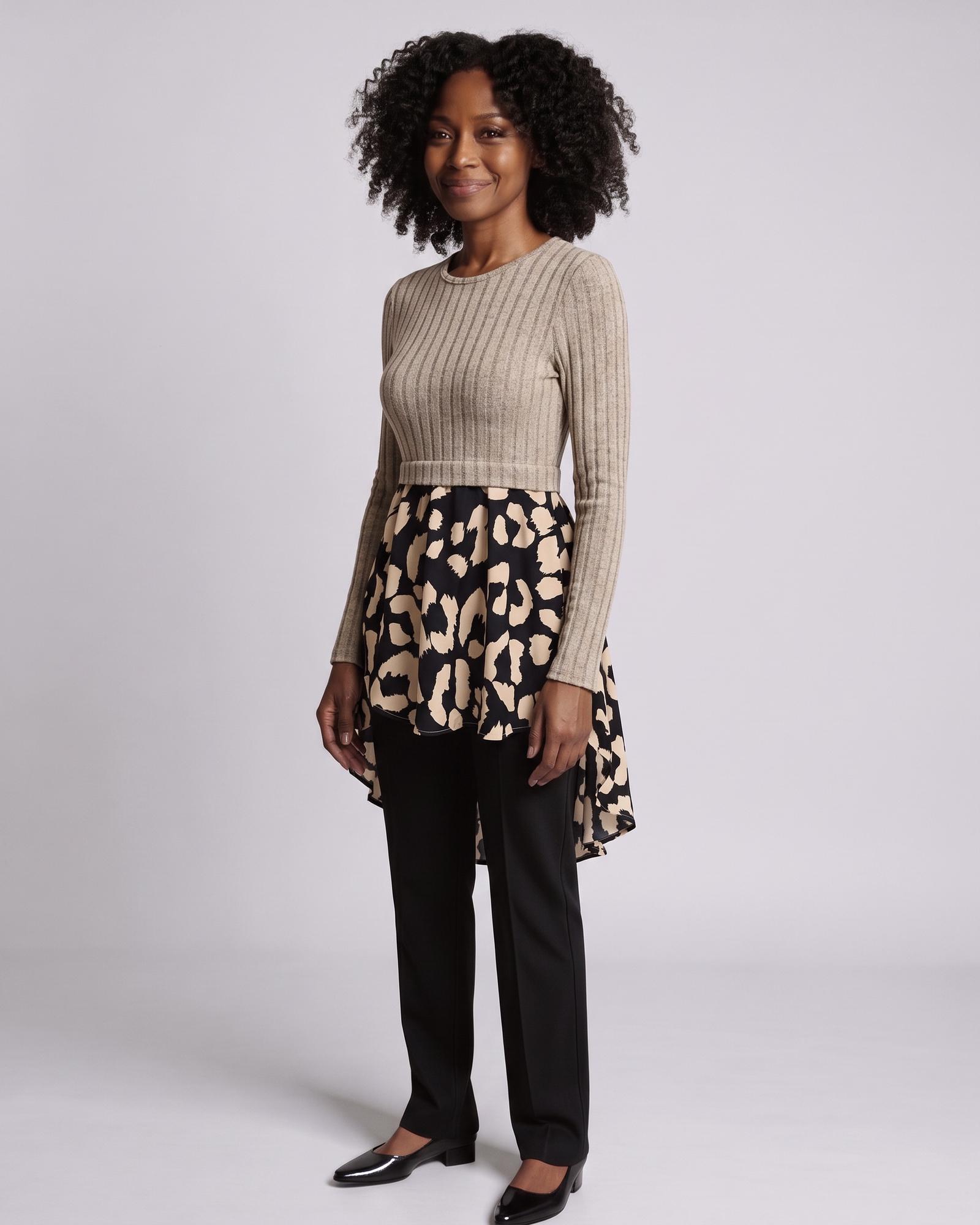 Esmee · Leopard peplum round-neck top — on model, three-quarter (AI visualisation)