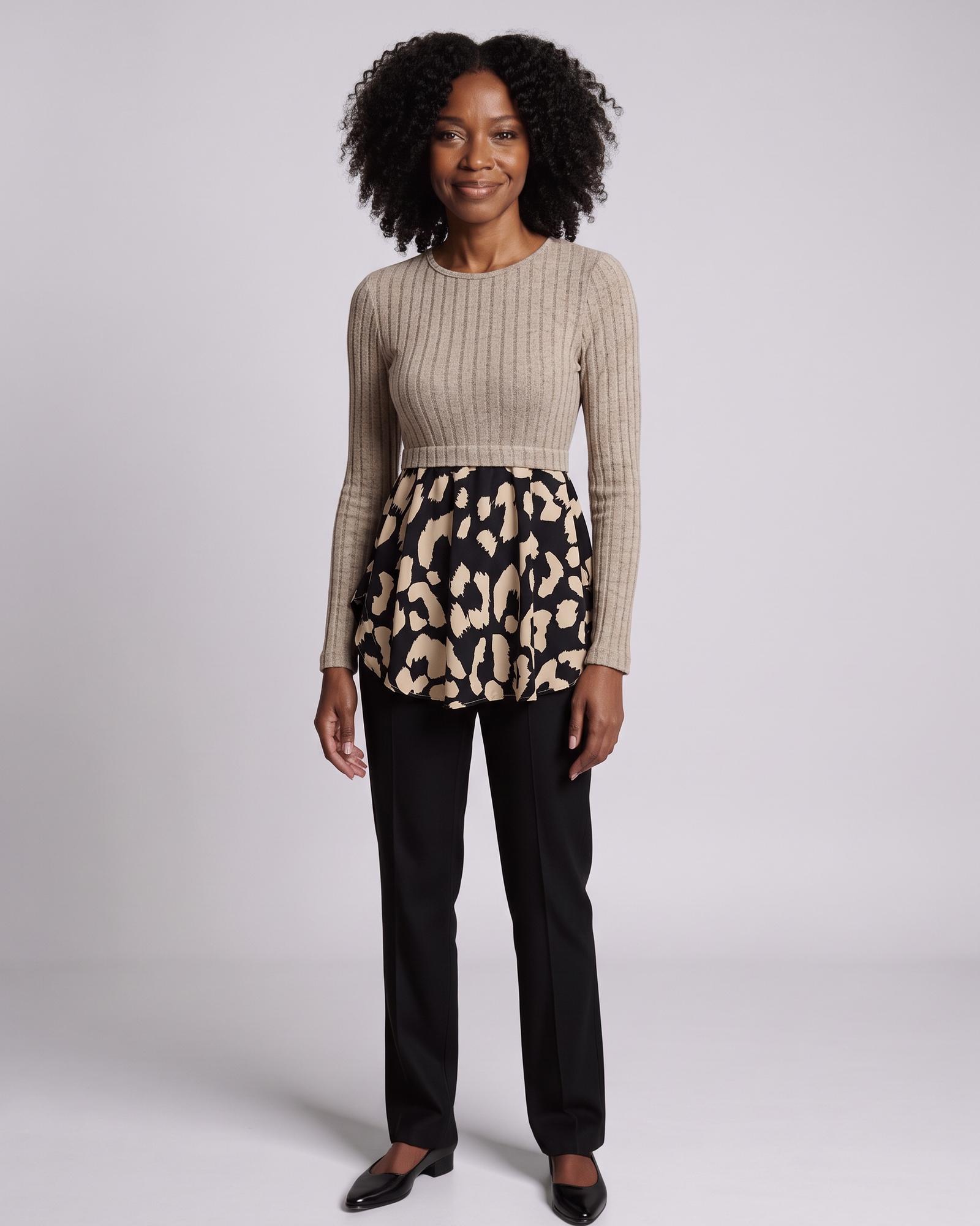 Esmee · Leopard peplum round-neck top — on model, front (AI visualisation)