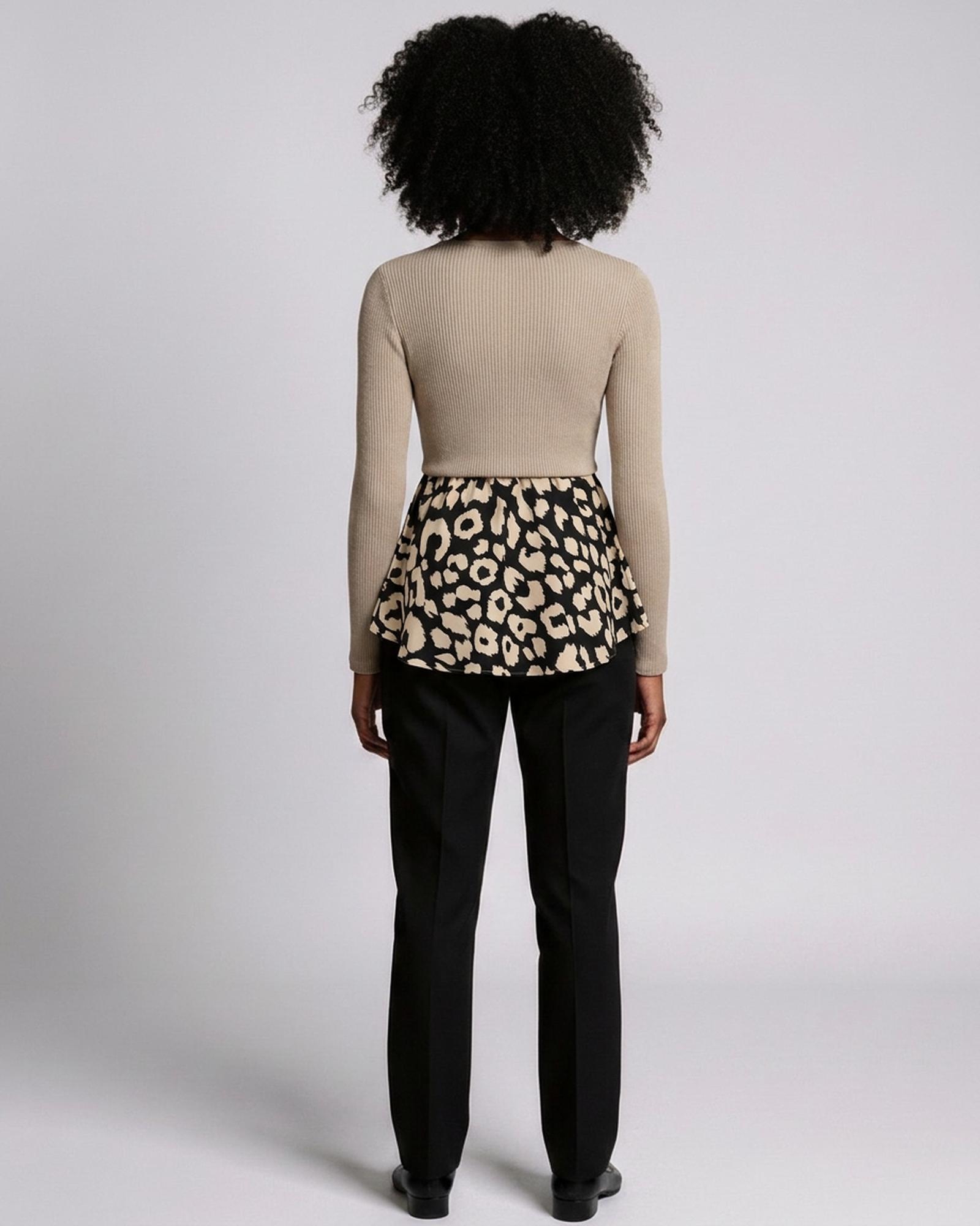 Esmee · Leopard peplum round-neck top — on model, back (AI visualisation)