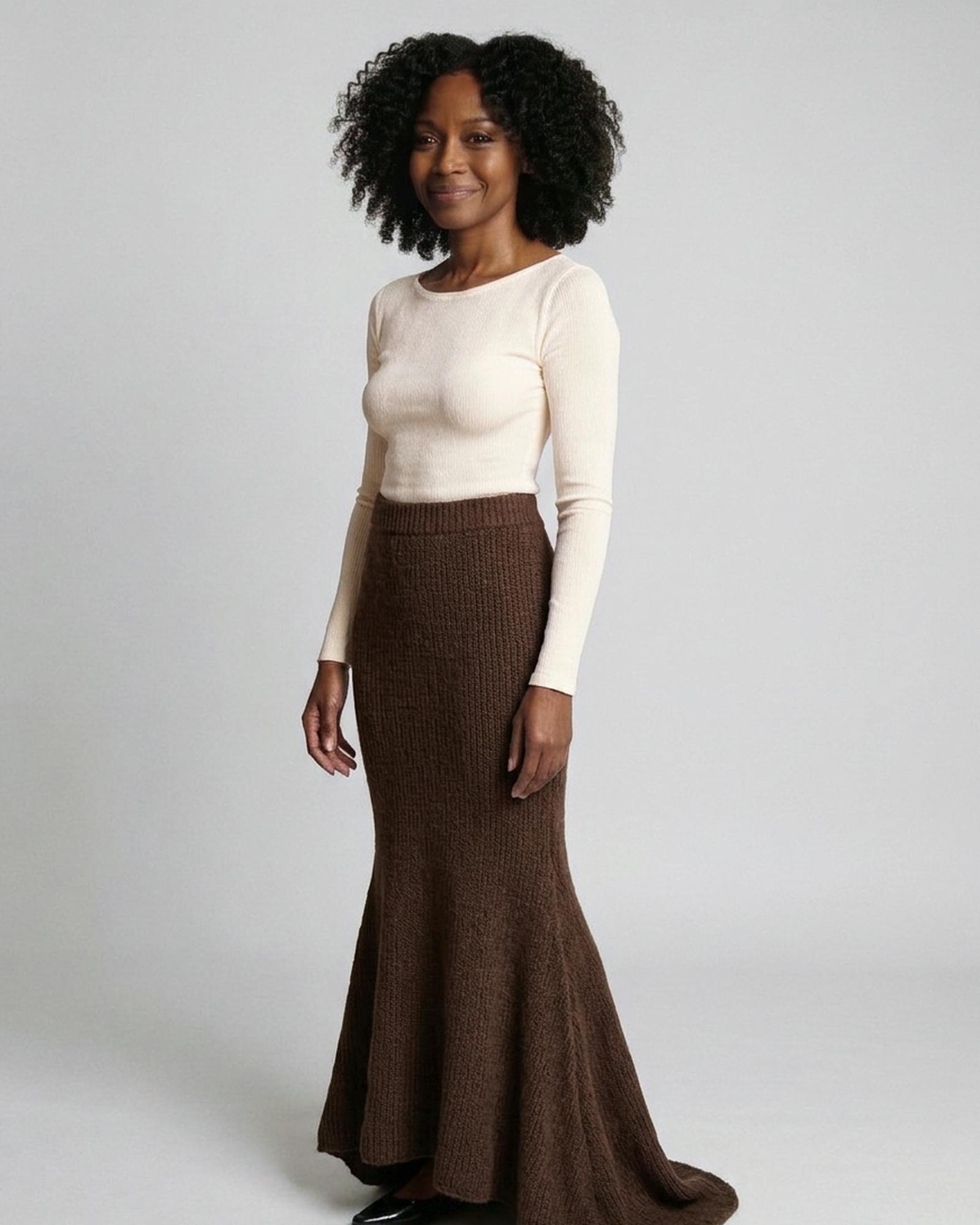 Fenne · Knitted A-line fishtail midi skirt (AI visualisation)