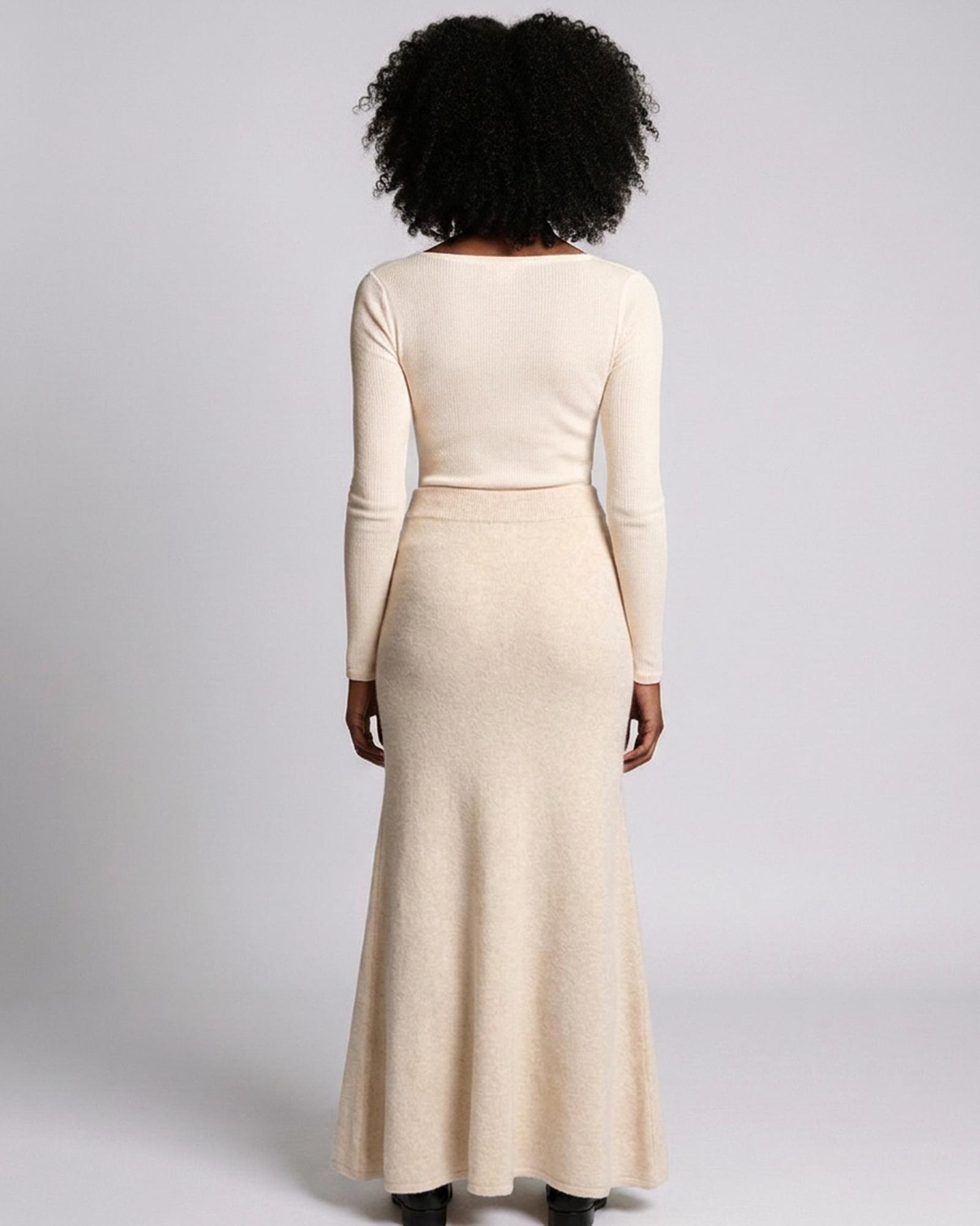 Fenne camel knit fishtail mermaid maxi skirt — model back view (AI visualisation)