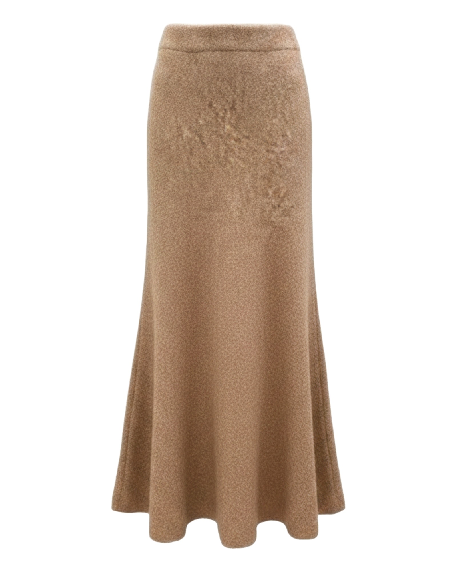 Fenne camel knit fishtail mermaid maxi skirt, front view (AI visualisation)