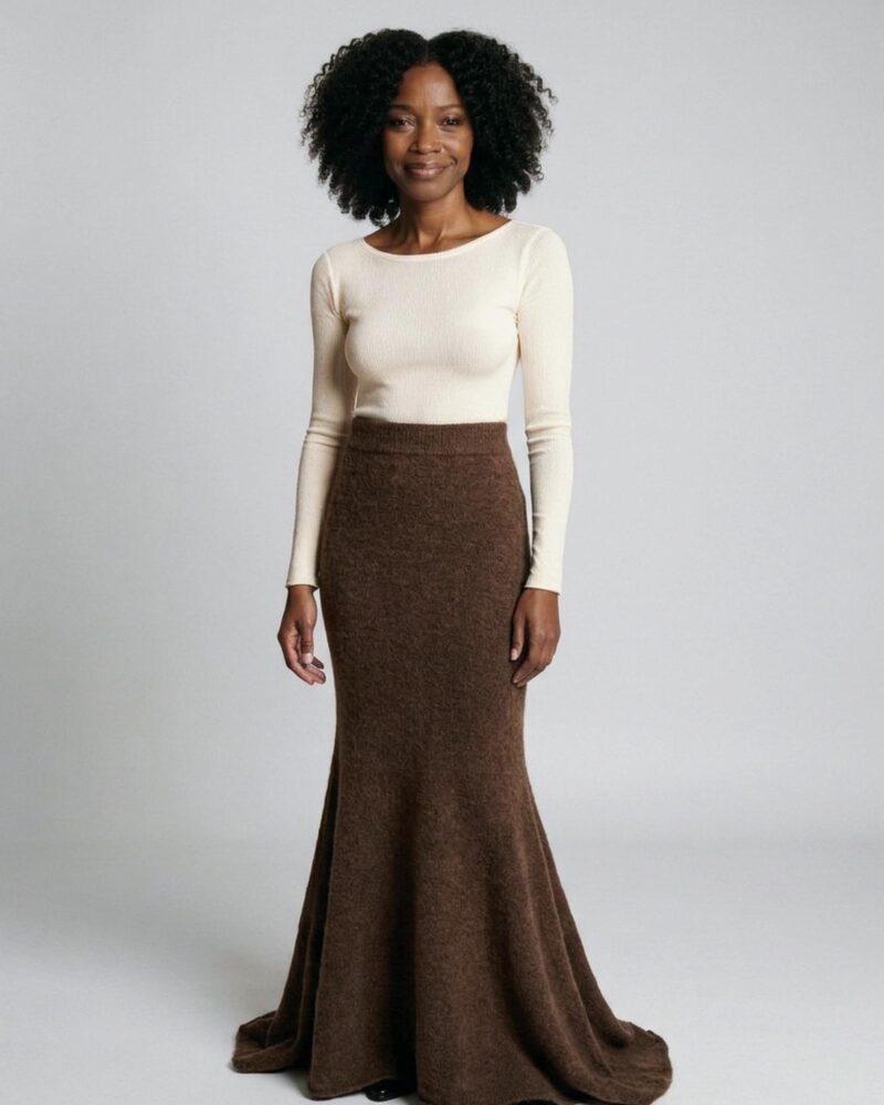 Fenne · Knitted A-line fishtail midi skirt (AI visualisation)