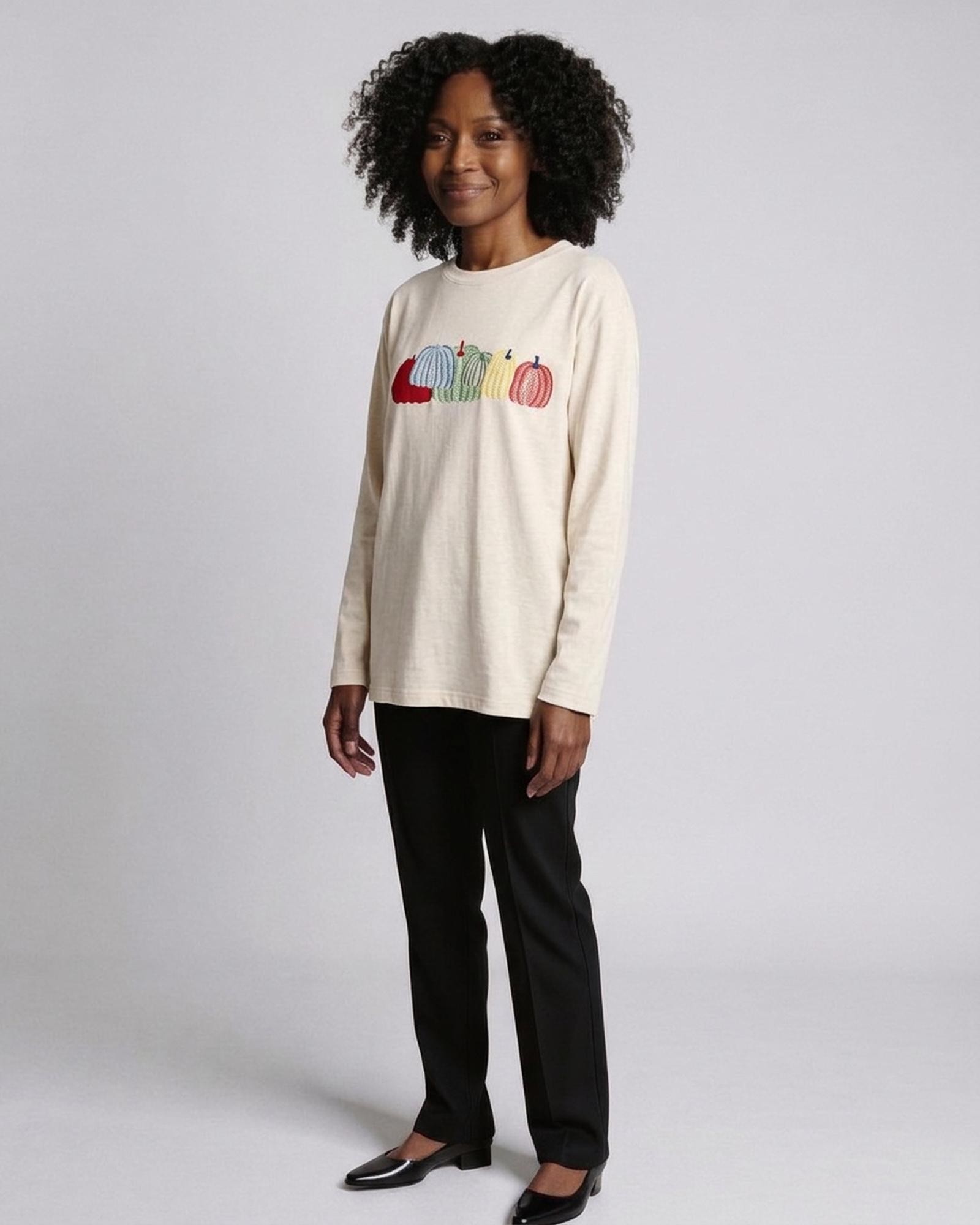 Floor · Loose-fit cotton long-sleeve tee — on model, three-quarter (AI visualisation)