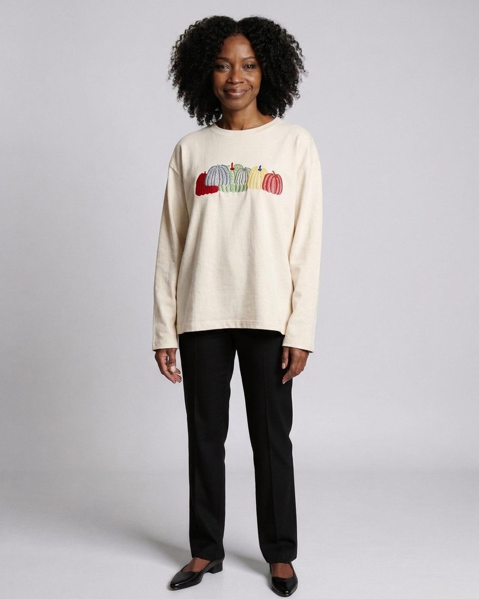 Floor · Loose-fit cotton long-sleeve tee — on model, front (AI visualisation)