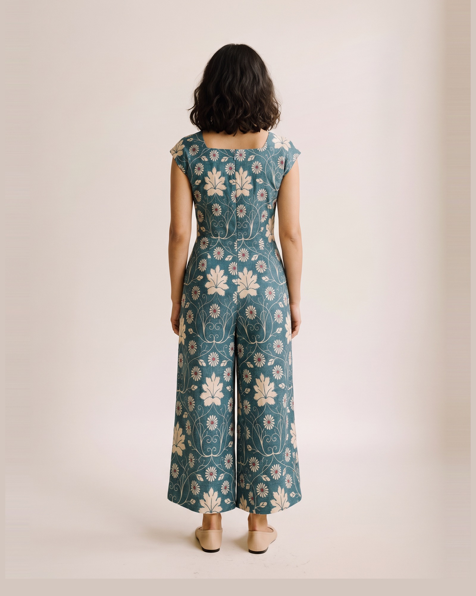 Francien Printed Cap Sleeve Jumpsuit — on model, back (AI visualisation)