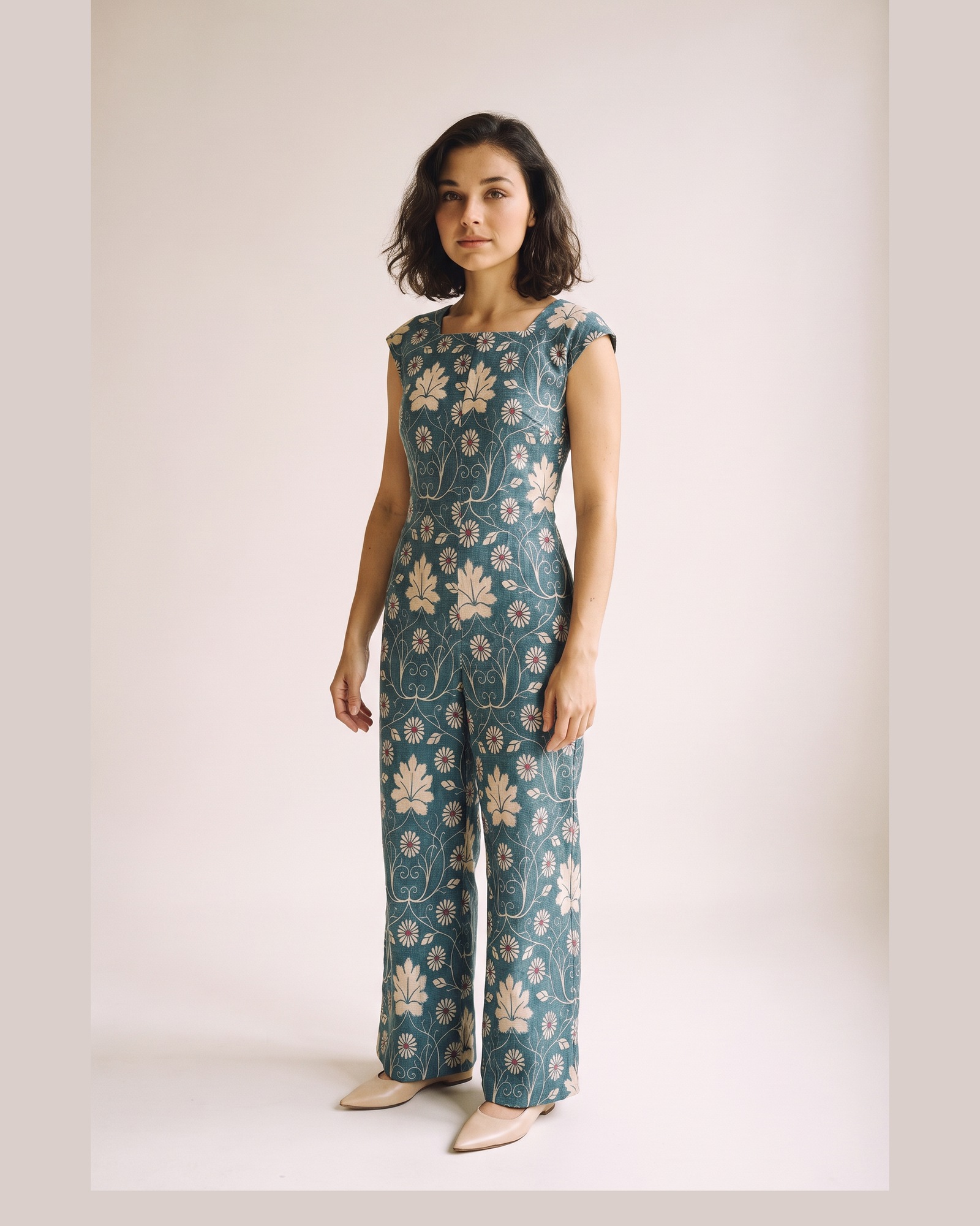 Francien Printed Cap Sleeve Jumpsuit — on model, front (AI visualisation)