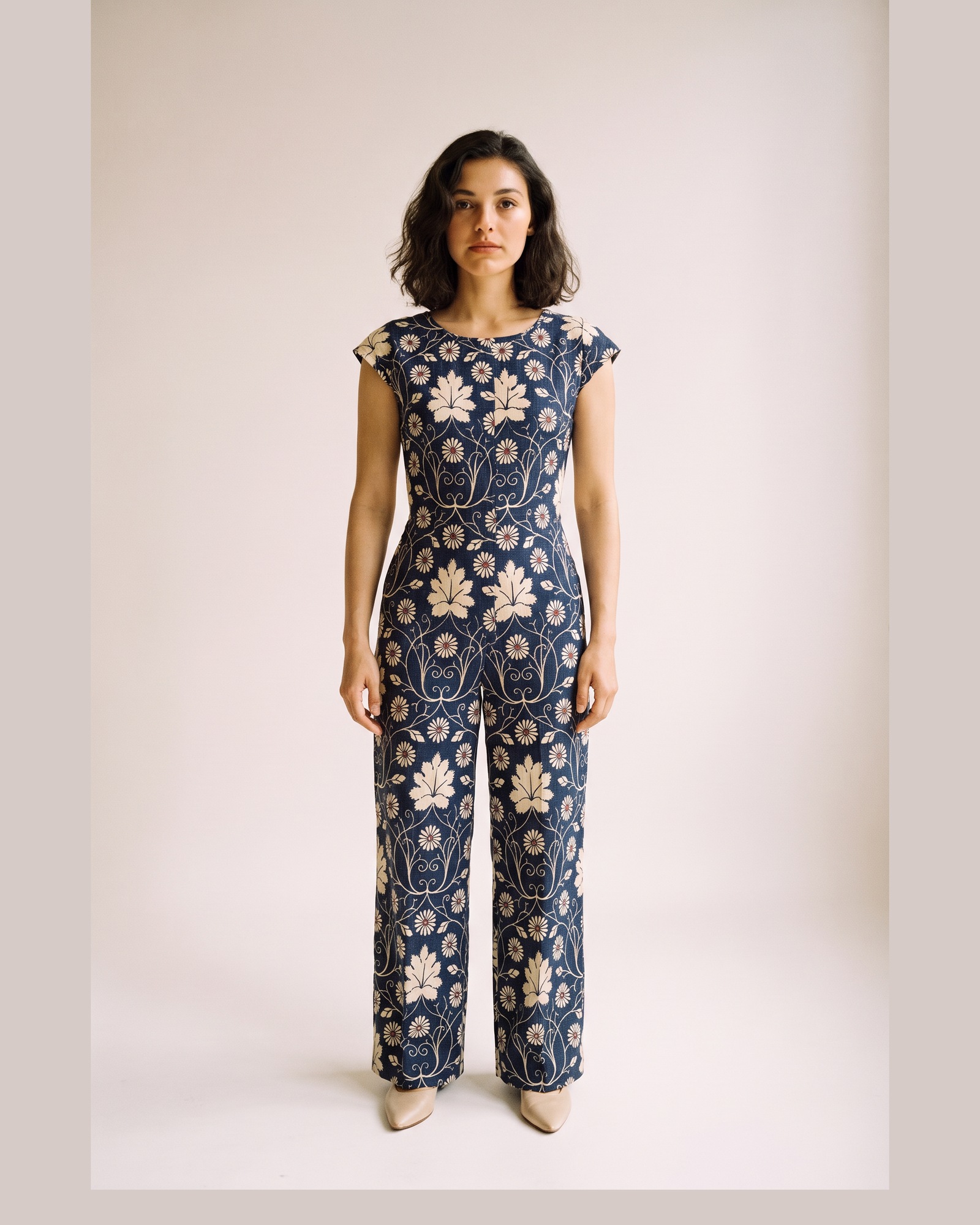 Francien Printed Cap Sleeve Jumpsuit — Navy, on model (AI visualisation)