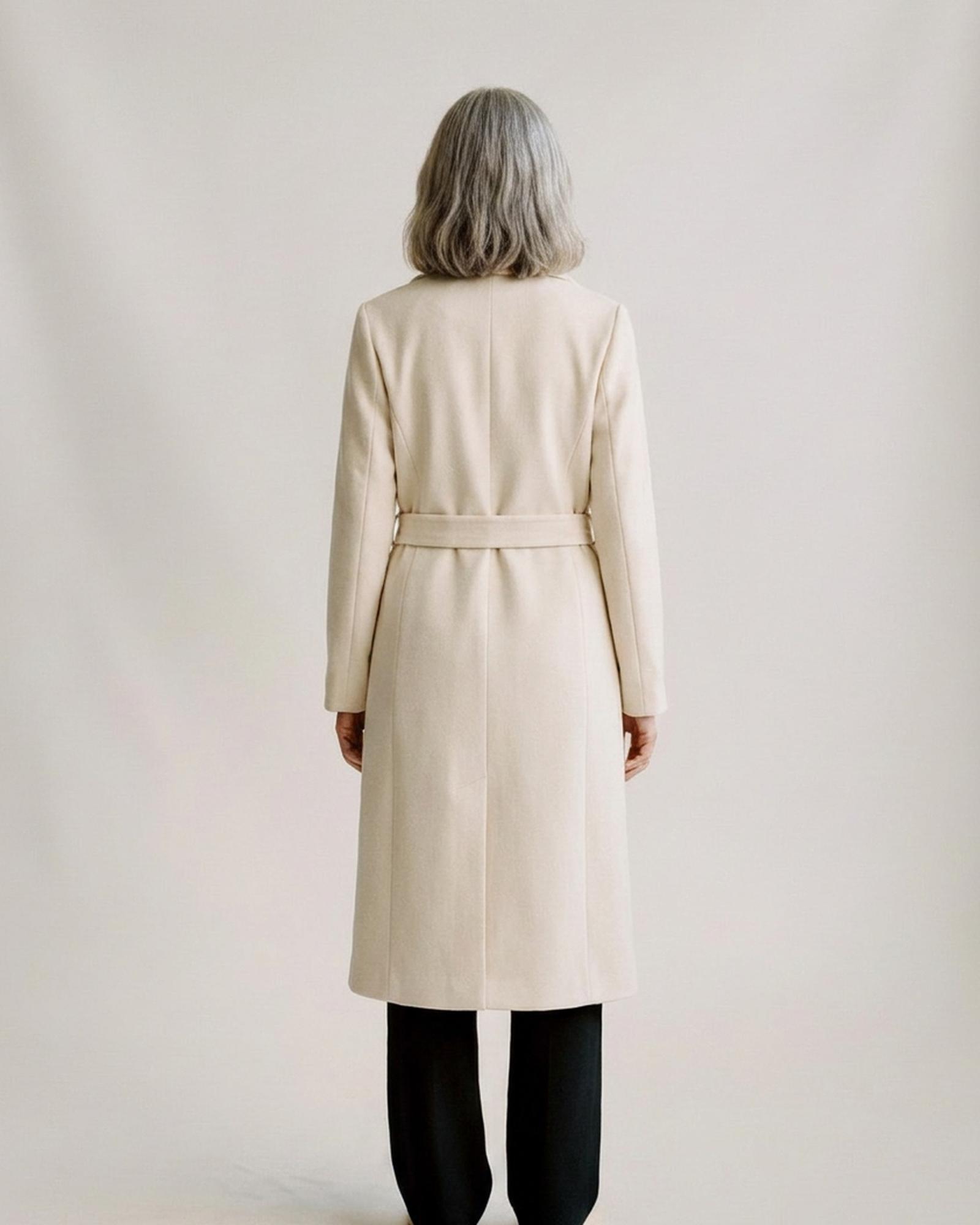 Geertje cream belted wool coat — model back view (AI visualisation)