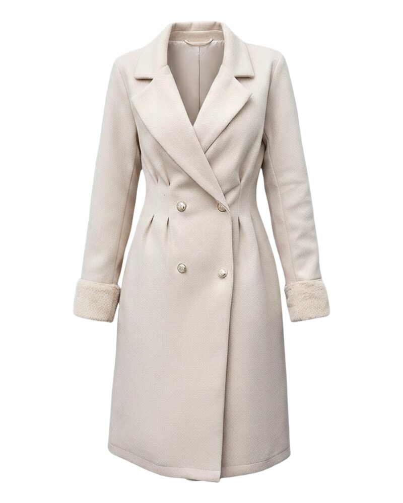 Geertje cream belted wool coat, front view (AI visualisation)