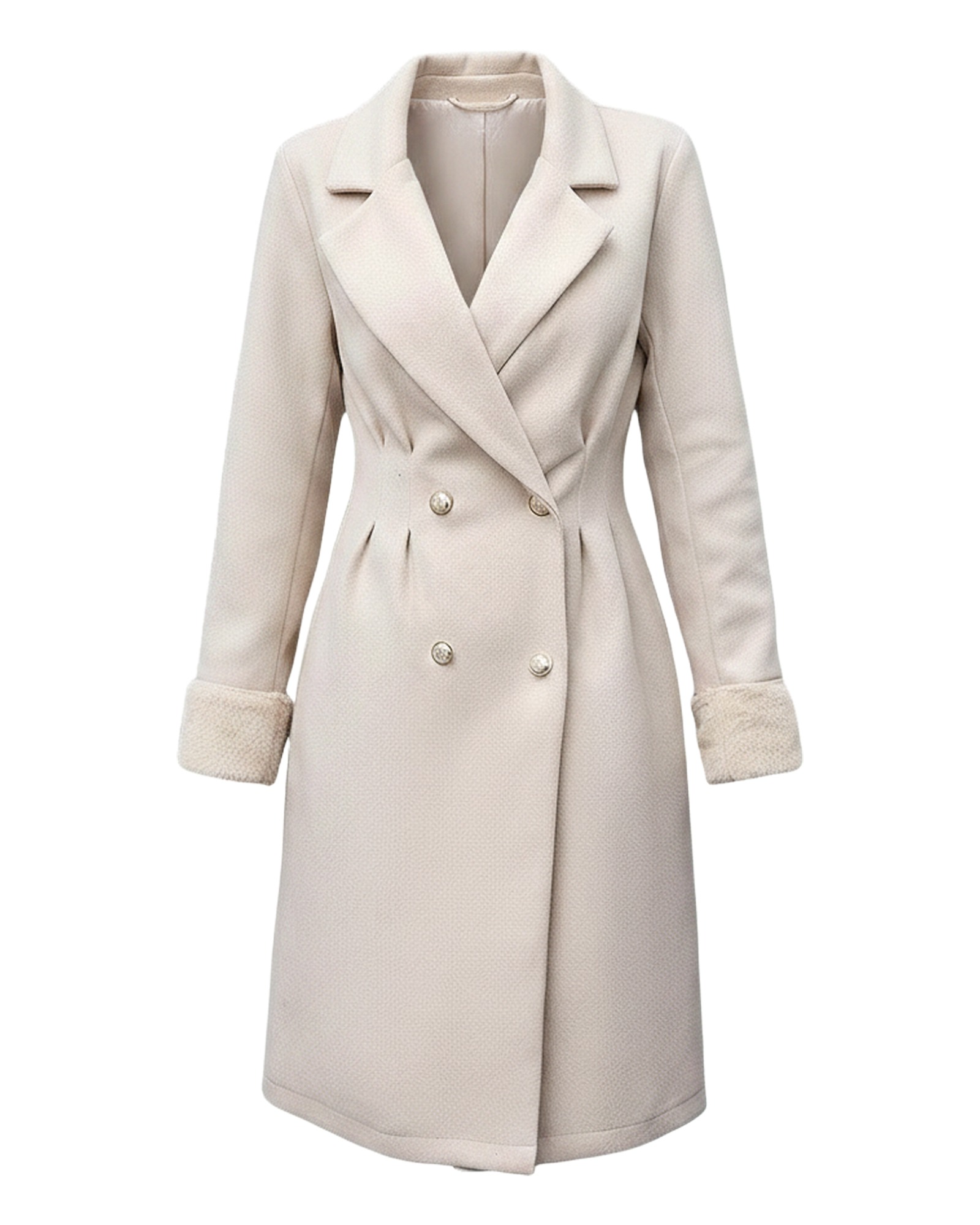 Geertje cream belted wool coat, front view (AI visualisation)