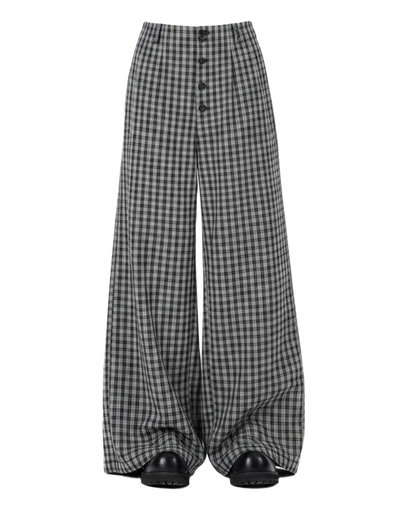 Geeske houndstooth-check wide-leg trousers, front view (AI visualisation)