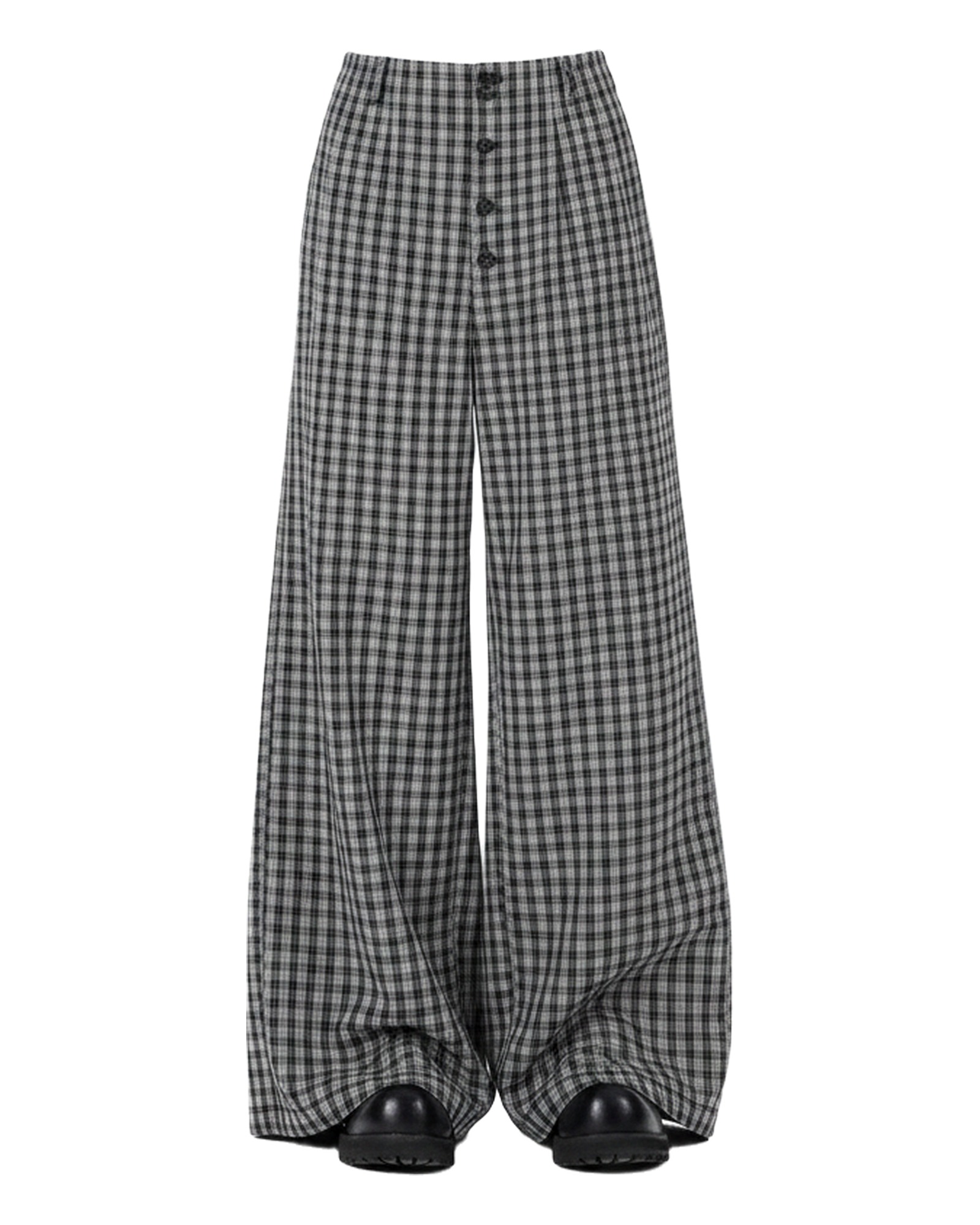 Geeske houndstooth-check wide-leg trousers, front view (AI visualisation)