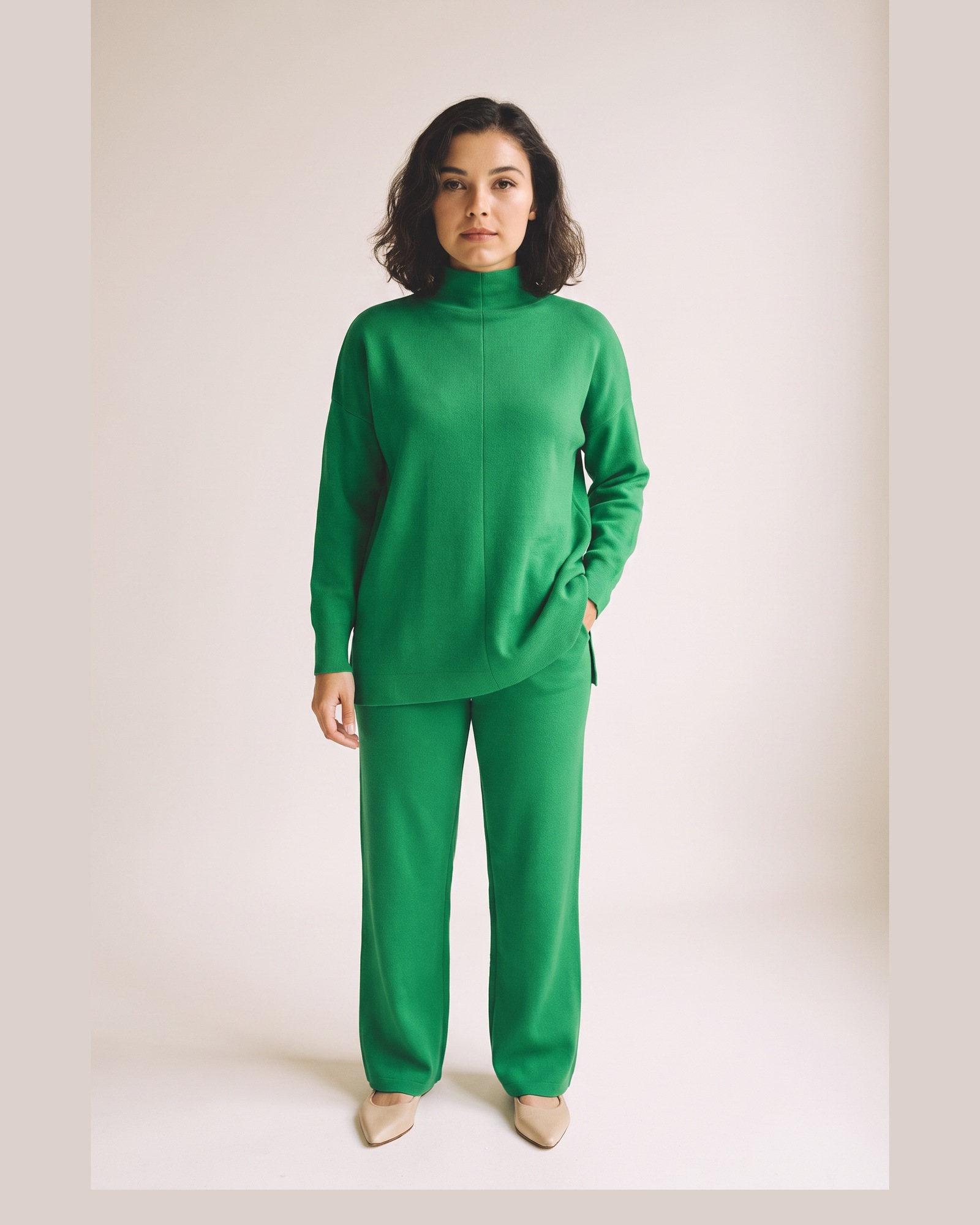 Godelieve knit sweater and trouser set — on model, front (AI visualisation)