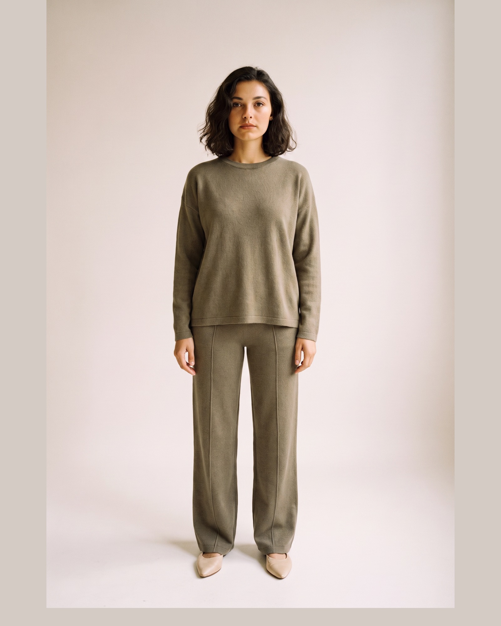 Godelieve knit sweater and trouser set — Khaki (AI visualisation)