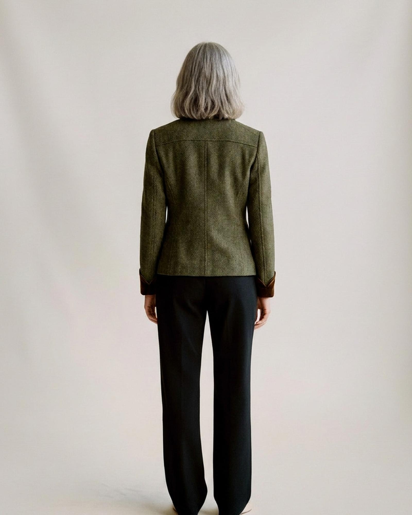 Gonda olive military jacket — model back view (AI visualisation)