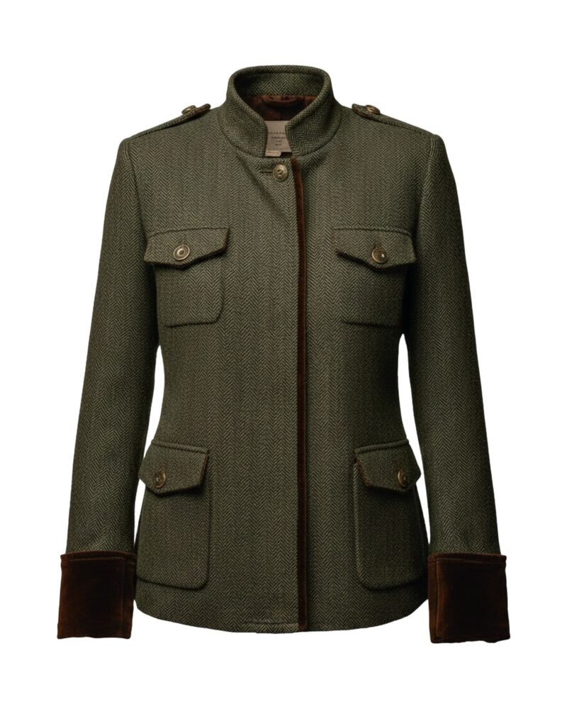 Gonda olive military field jacket, front view (AI visualisation)