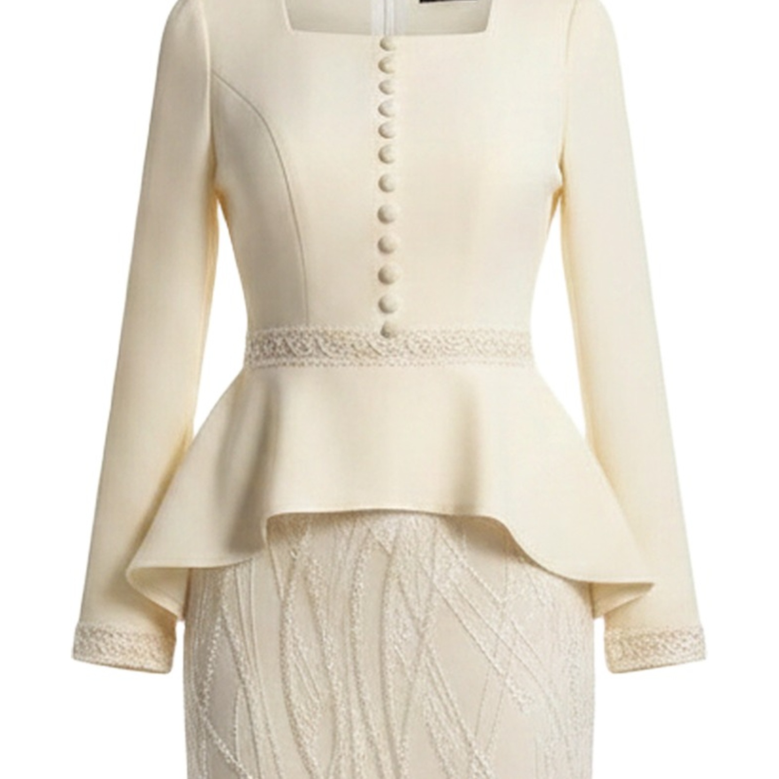 Greetje cream lace peplum formal maxi dress — fabric detail (AI visualisation)