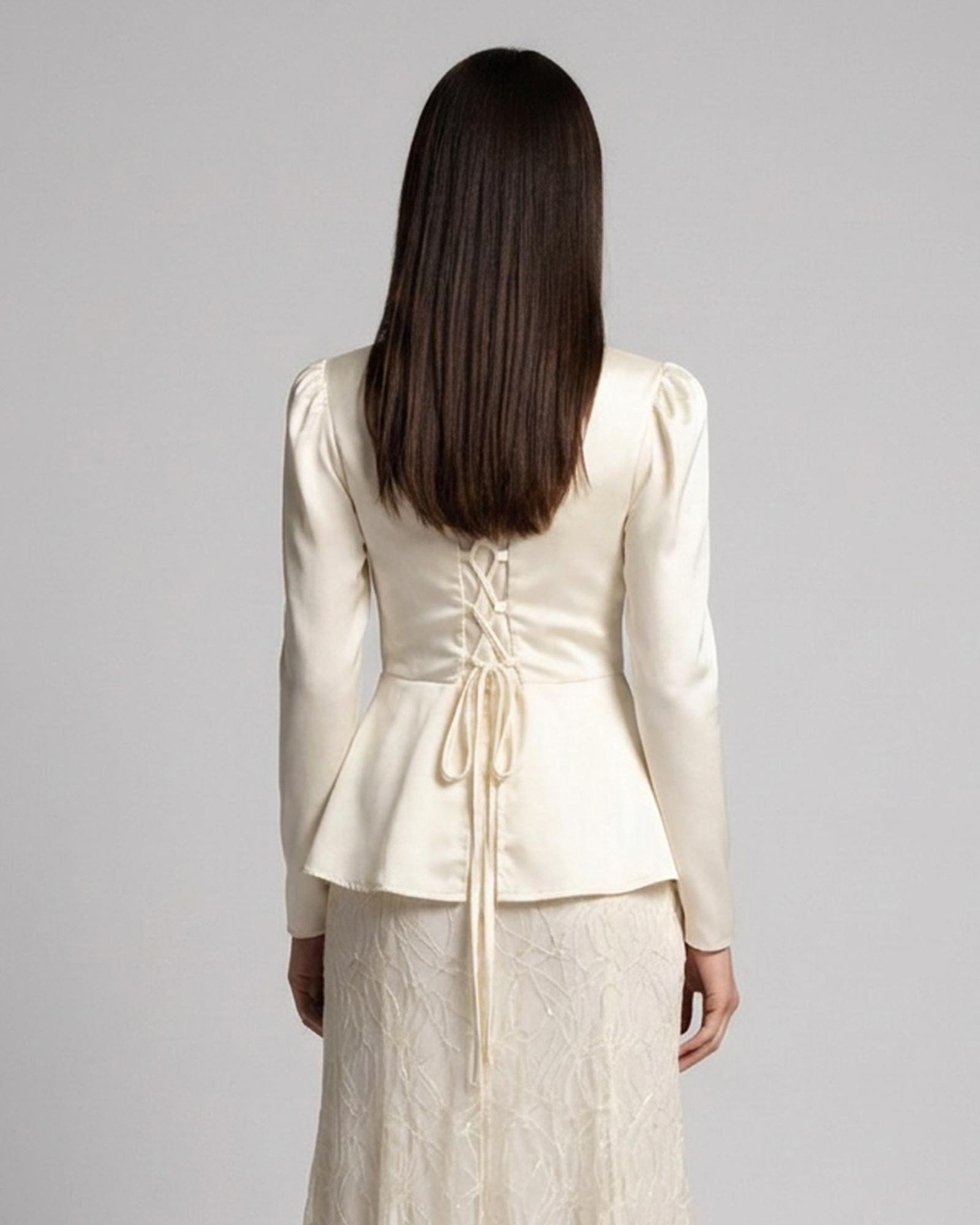 Greetje cream lace peplum formal maxi dress — model back view (AI visualisation)