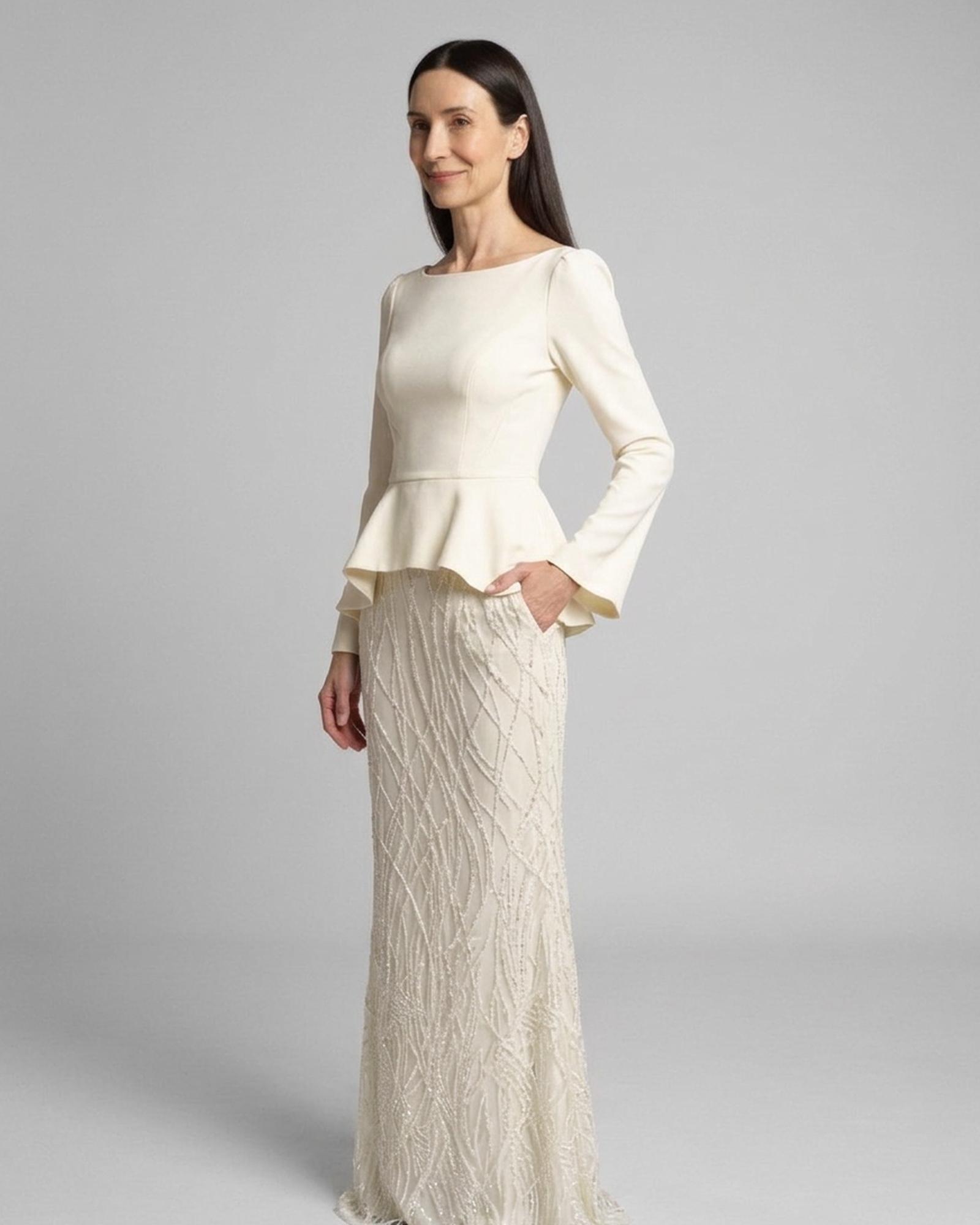Greetje ivory occasion maxi dress with peplum bodice and textured skirt, three-quarter view (AI visualisation)