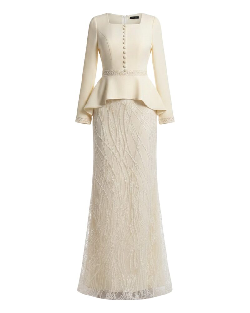 Greetje cream lace peplum formal maxi dress, front view (AI visualisation)