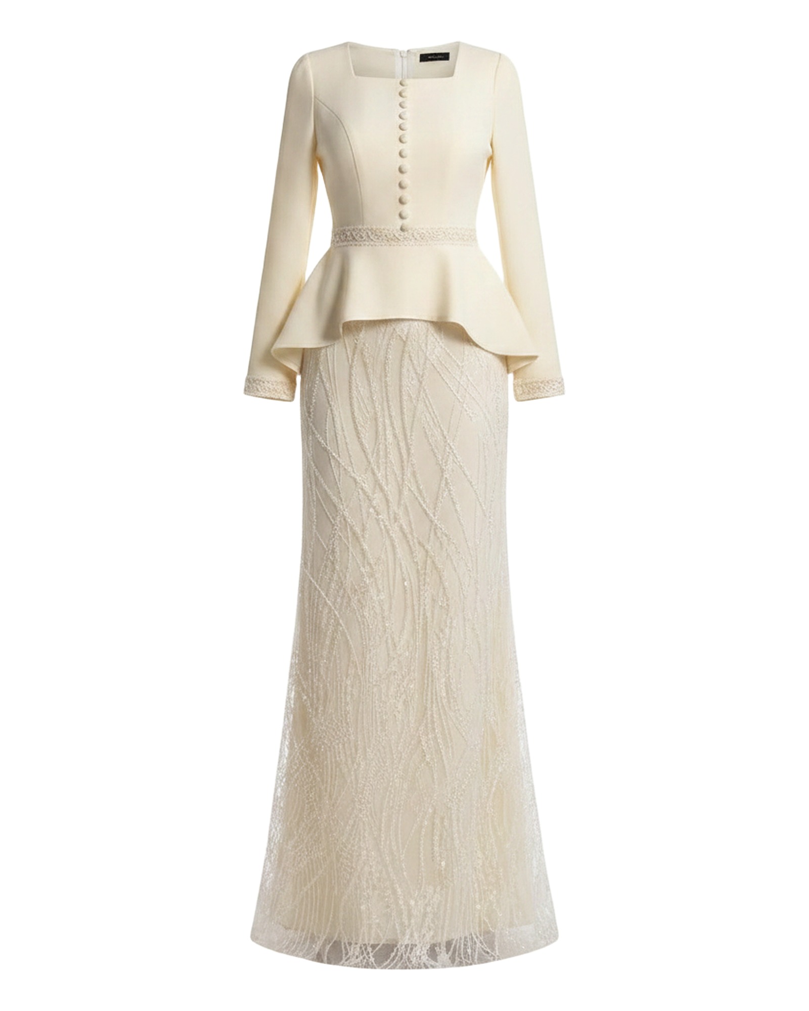 Greetje cream lace peplum formal maxi dress, front view (AI visualisation)