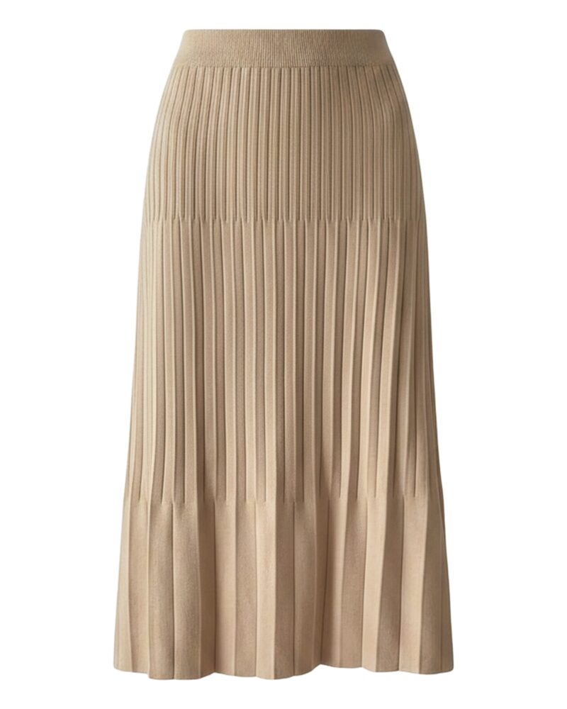 Griet khaki ribbed knit pleated midi skirt, front view (AI visualisation)