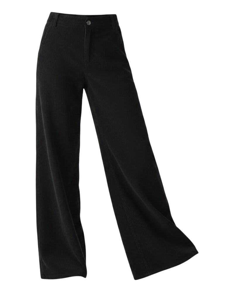 Hanneke black corduroy wide-leg trousers, front view (AI visualisation)