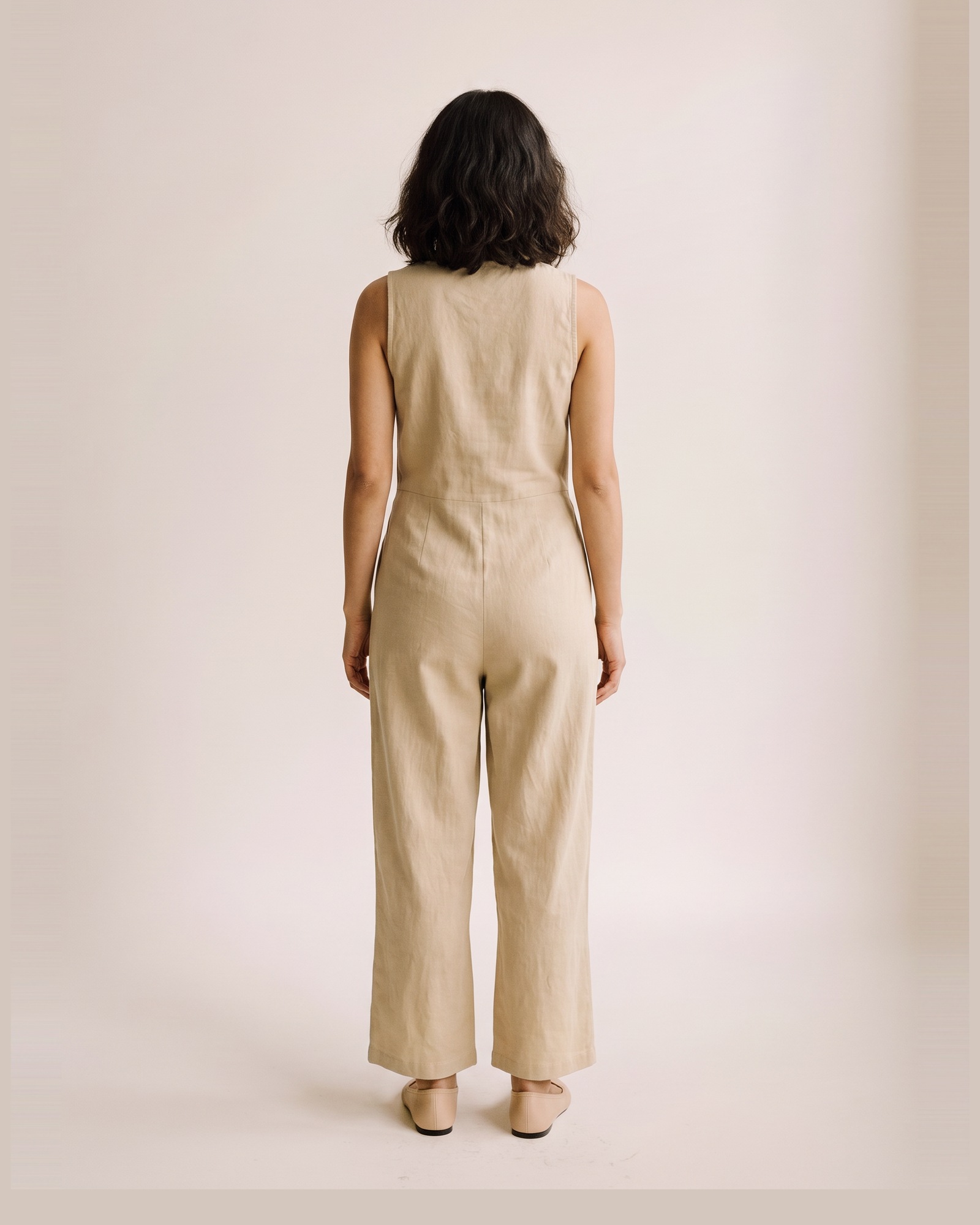 Heleen Buttoned Wide Leg Jumpsuit — on model, back (AI visualisation)