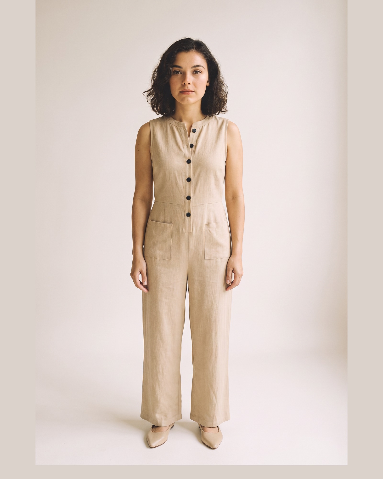 Heleen Buttoned Wide Leg Jumpsuit — on model, front (AI visualisation)