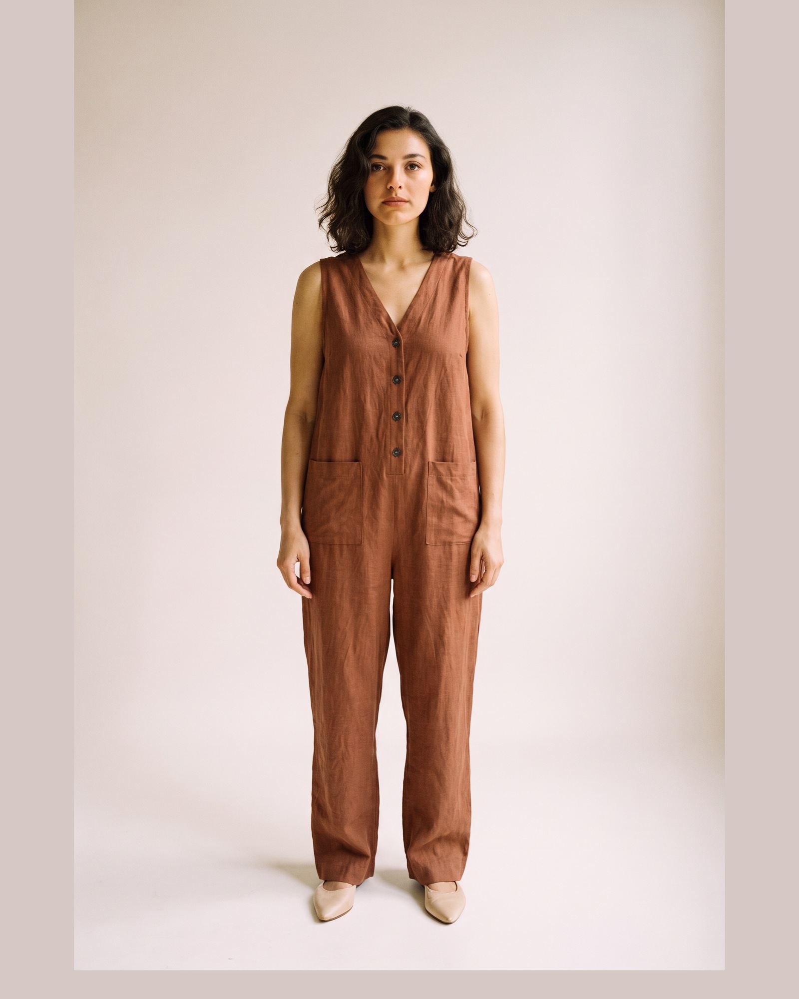 Heleen Buttoned Wide Leg Jumpsuit — brown, on model (AI visualisation)