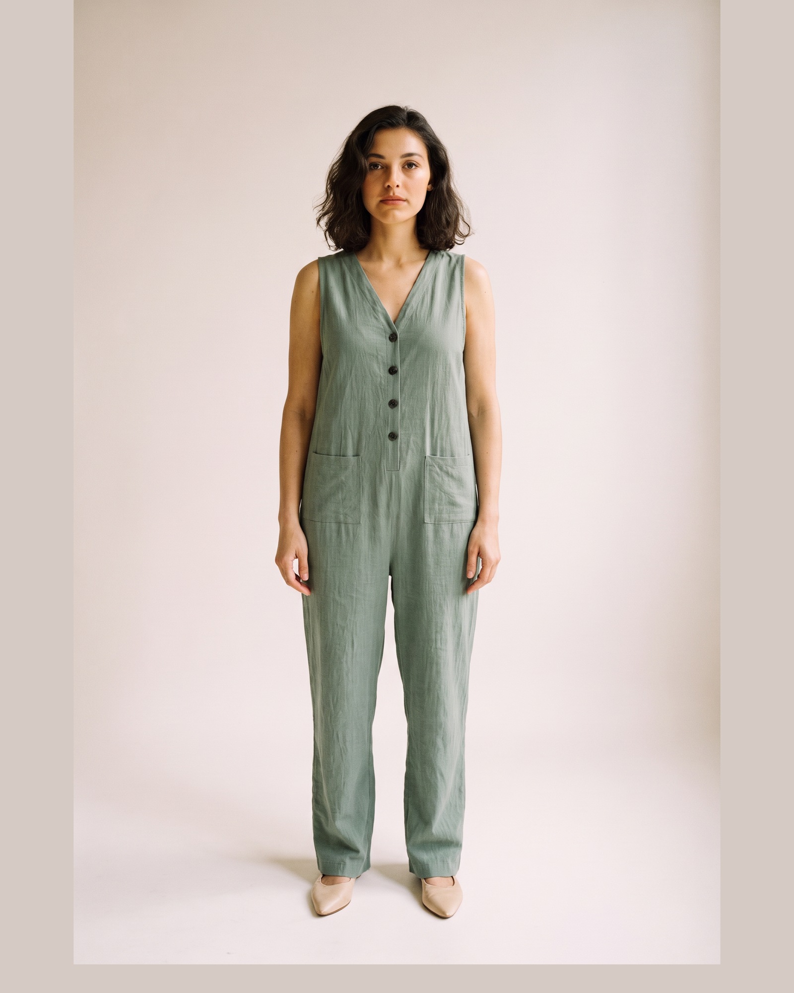 Heleen Buttoned Wide Leg Jumpsuit — pea green, on model (AI visualisation)