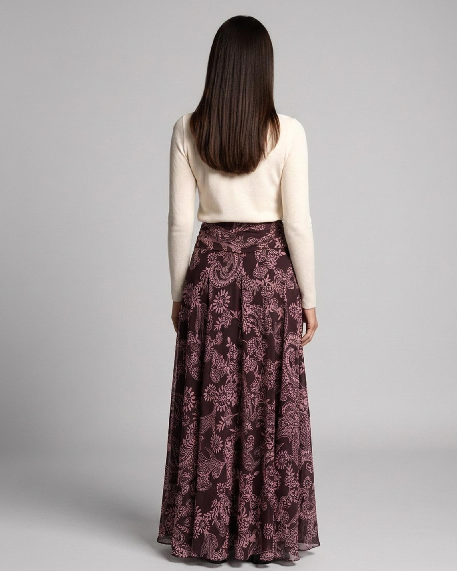 Ida paisley-print chiffon maxi skirt — model back view (AI visualisation)