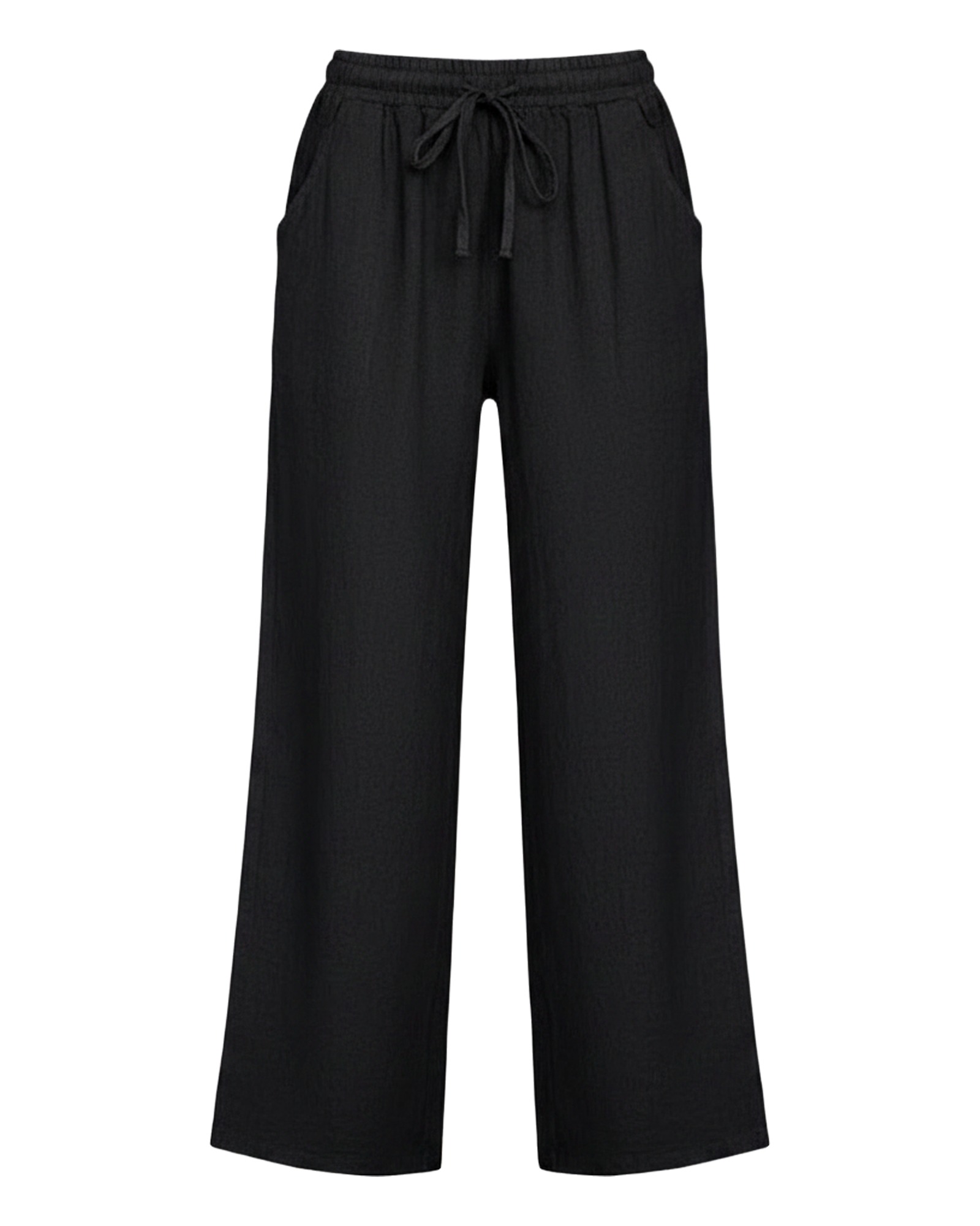 Janneke black loose wide-leg linen trousers, front view — drawstring waist, side pockets (AI visualisation)