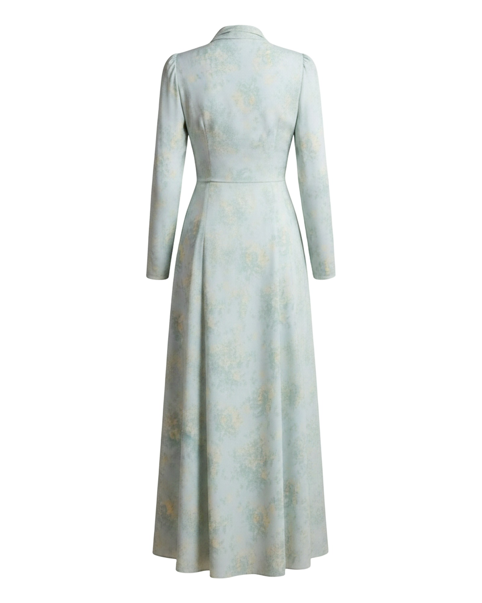 Jildou sage green floral satin maxi dress, back view (AI visualisation)