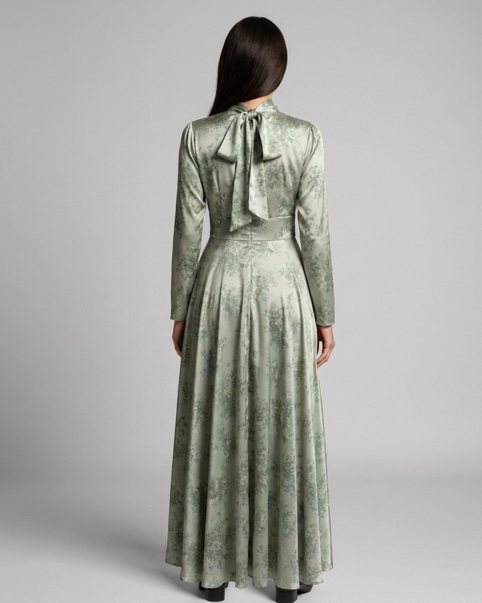 Jildou sage green floral satin maxi dress — model back view (AI visualisation)