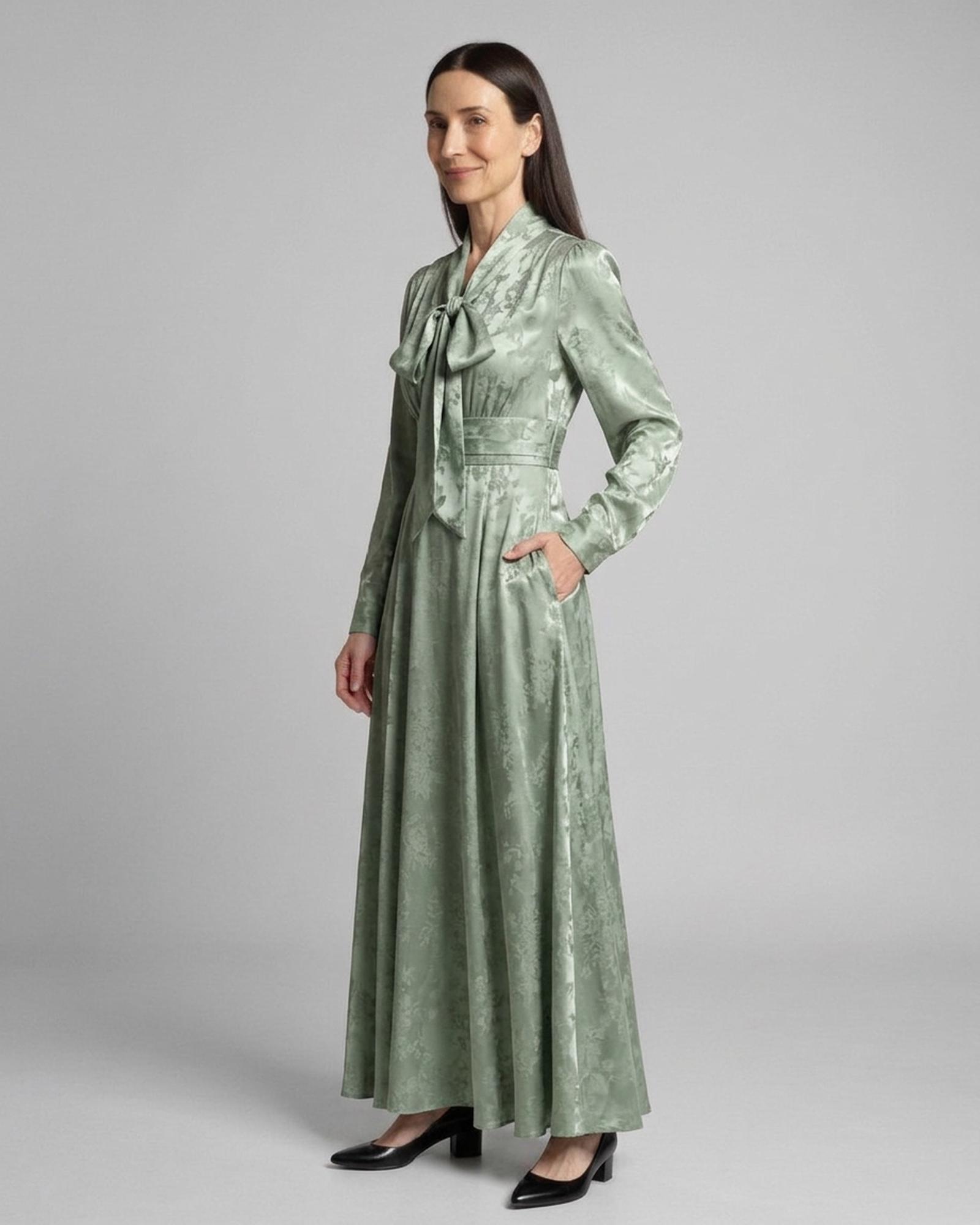 Jildou sage green floral jacquard satin maxi dress with self-tie neck bow, three-quarter view (AI visualisation)