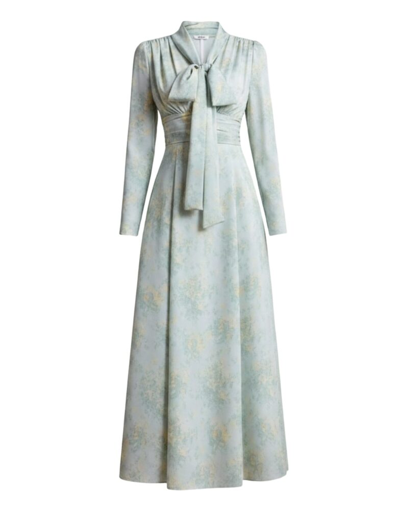 Jildou sage green floral satin maxi dress, front view (AI visualisation)