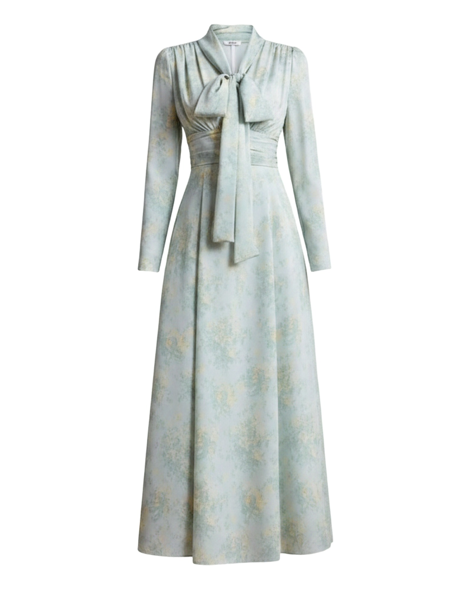 Jildou sage green floral satin maxi dress, front view (AI visualisation)