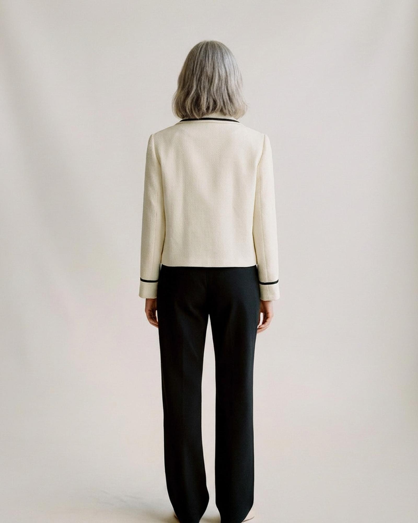 Jozefien cream tweed cropped jacket — model back view (AI visualisation)
