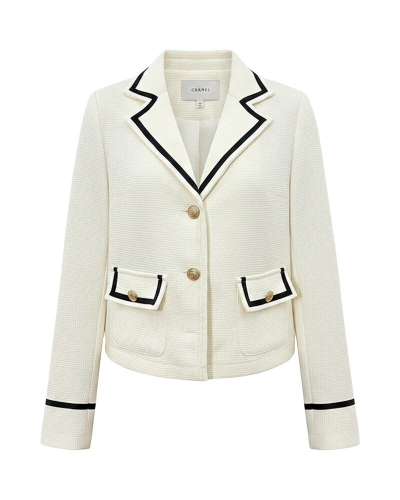 Jozefien cream tweed cropped jacket with black trim and gold buttons, front view (AI visualisation)