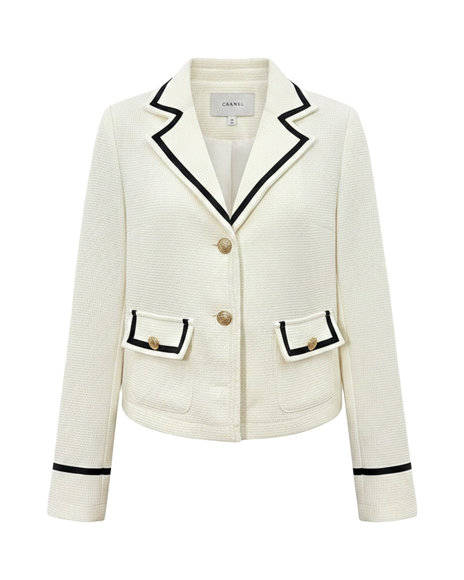 Jozefien cream tweed cropped jacket with black trim and gold buttons, front view (AI visualisation)