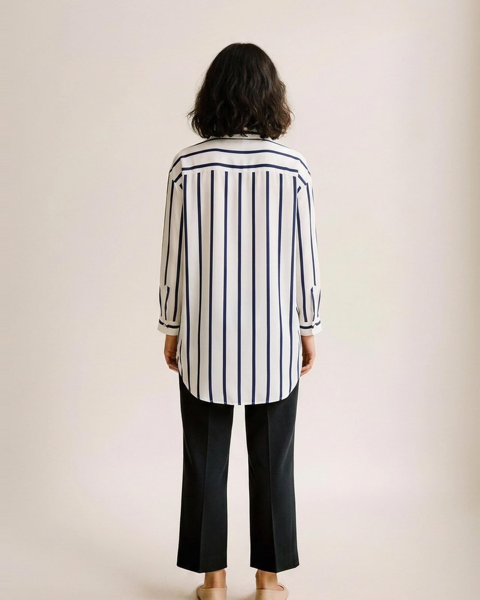 Karin · Striped satin blouse — on model, back (AI visualisation)