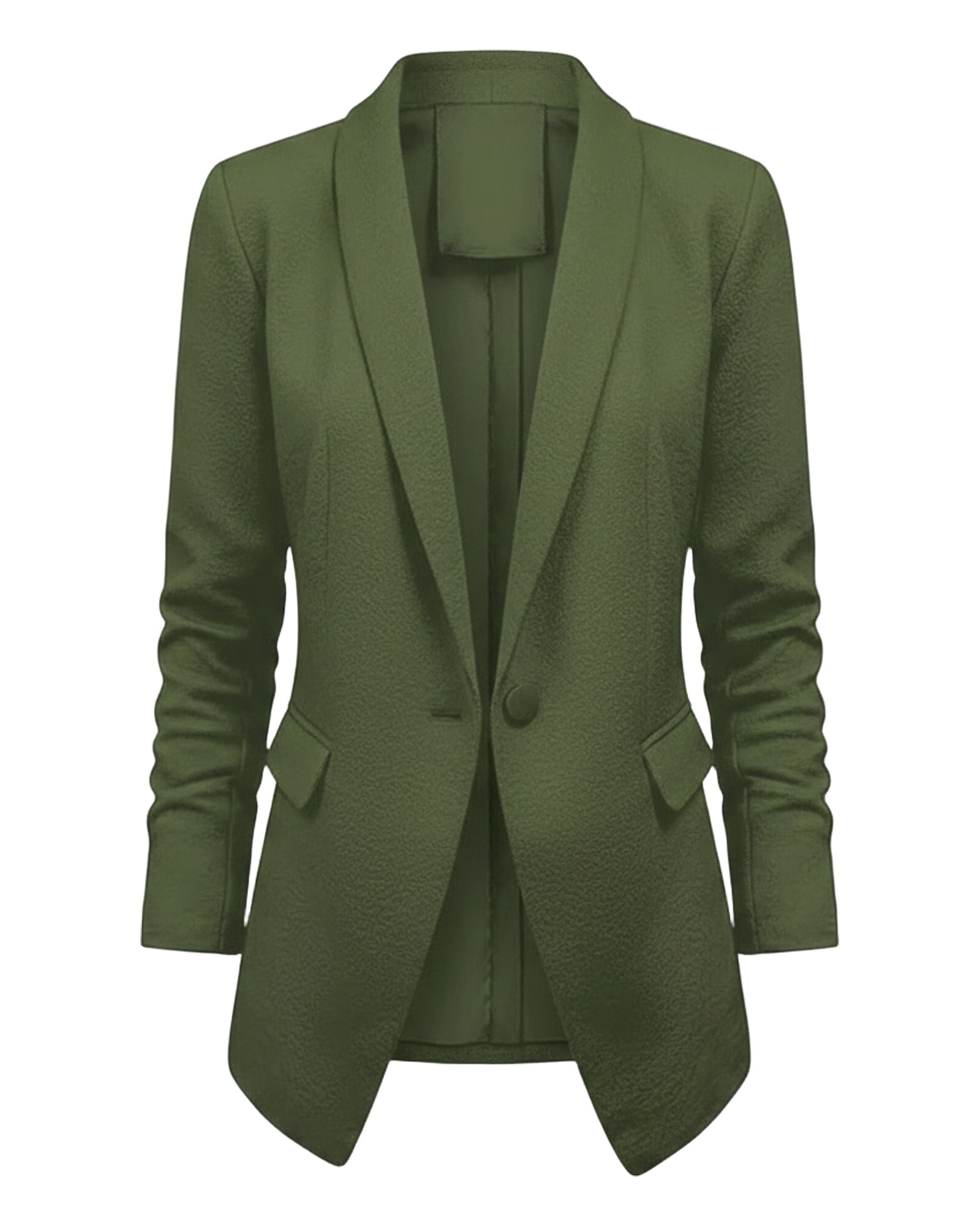 Karlijn olive-green open-front draped blazer with notched lapel, front view (AI visualisation)