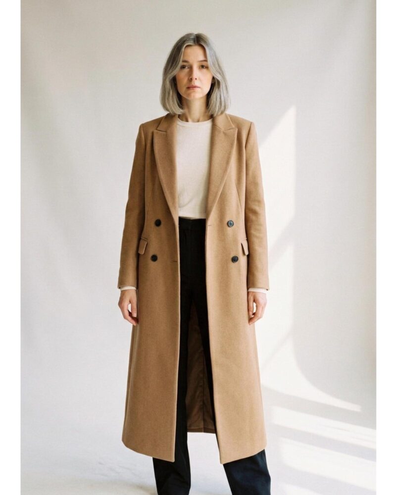 Reina khaki double-breasted tailored wool coat, colour variant (AI visualisation)