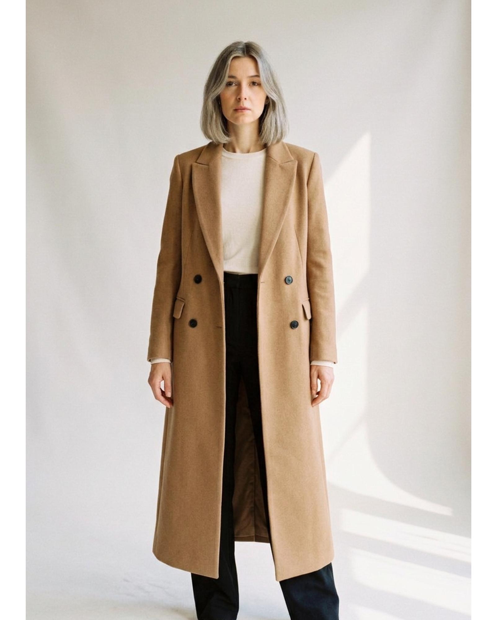 Reina khaki double-breasted tailored wool coat, colour variant (AI visualisation)