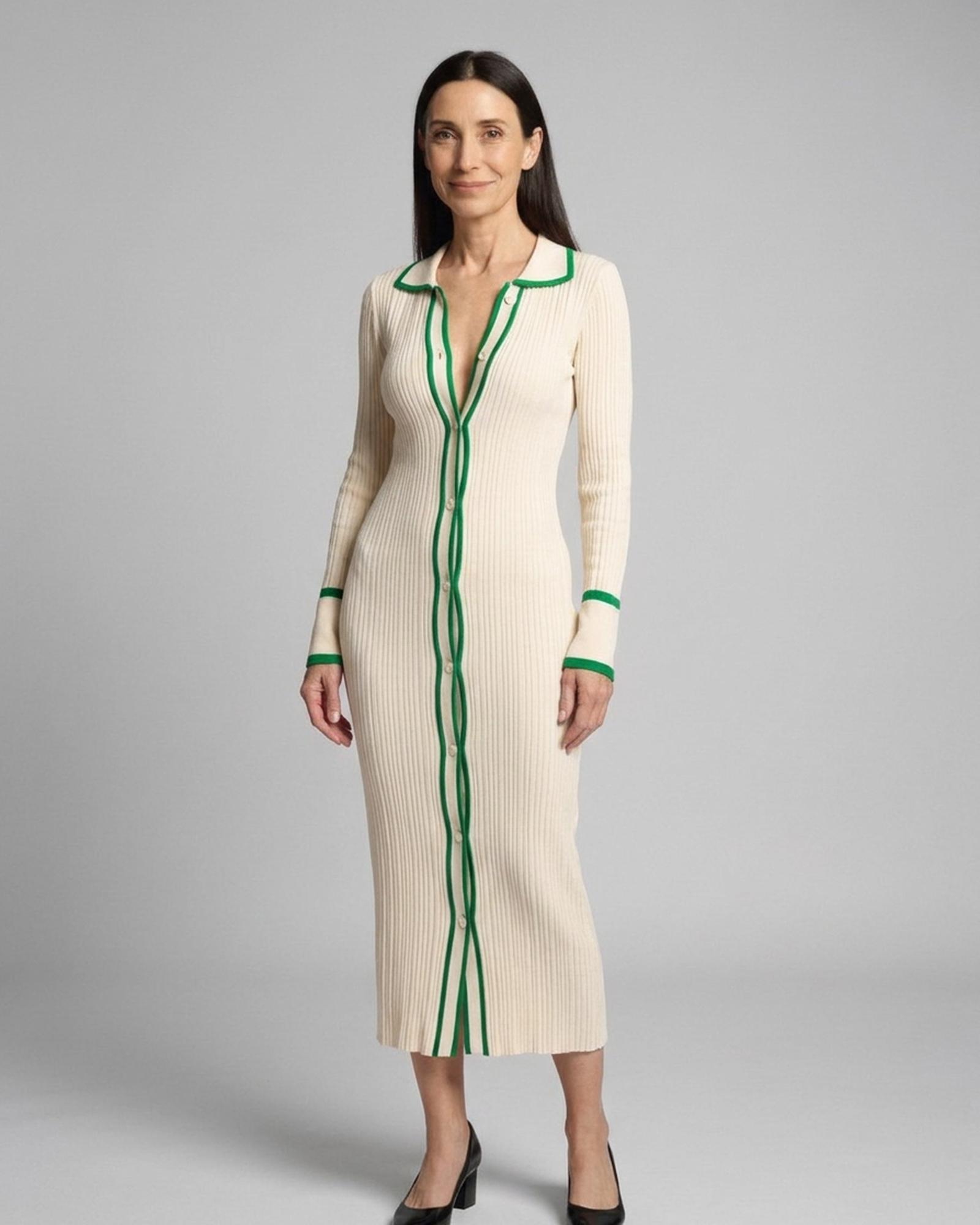 Klaske cremefarbenes Rippstrick-Midikleid mit grüner Paspel und Knopfleiste, Vorderansicht (KI-Visualisierung)