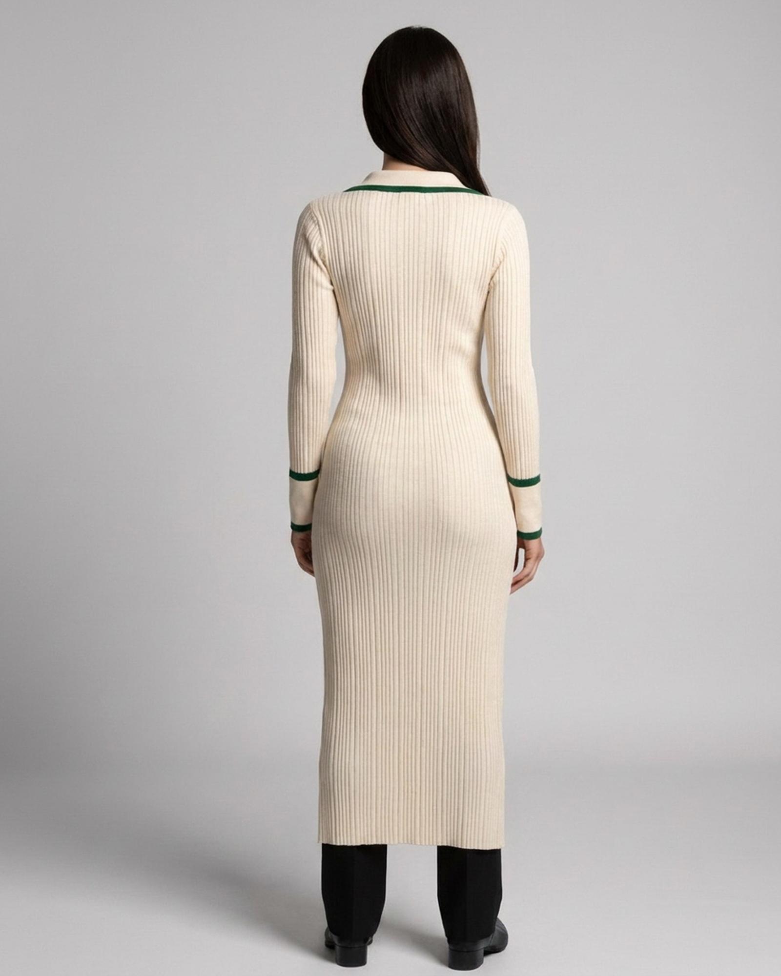 Klaske cream ribbed knit button-front midi dress — model back view (AI visualisation)