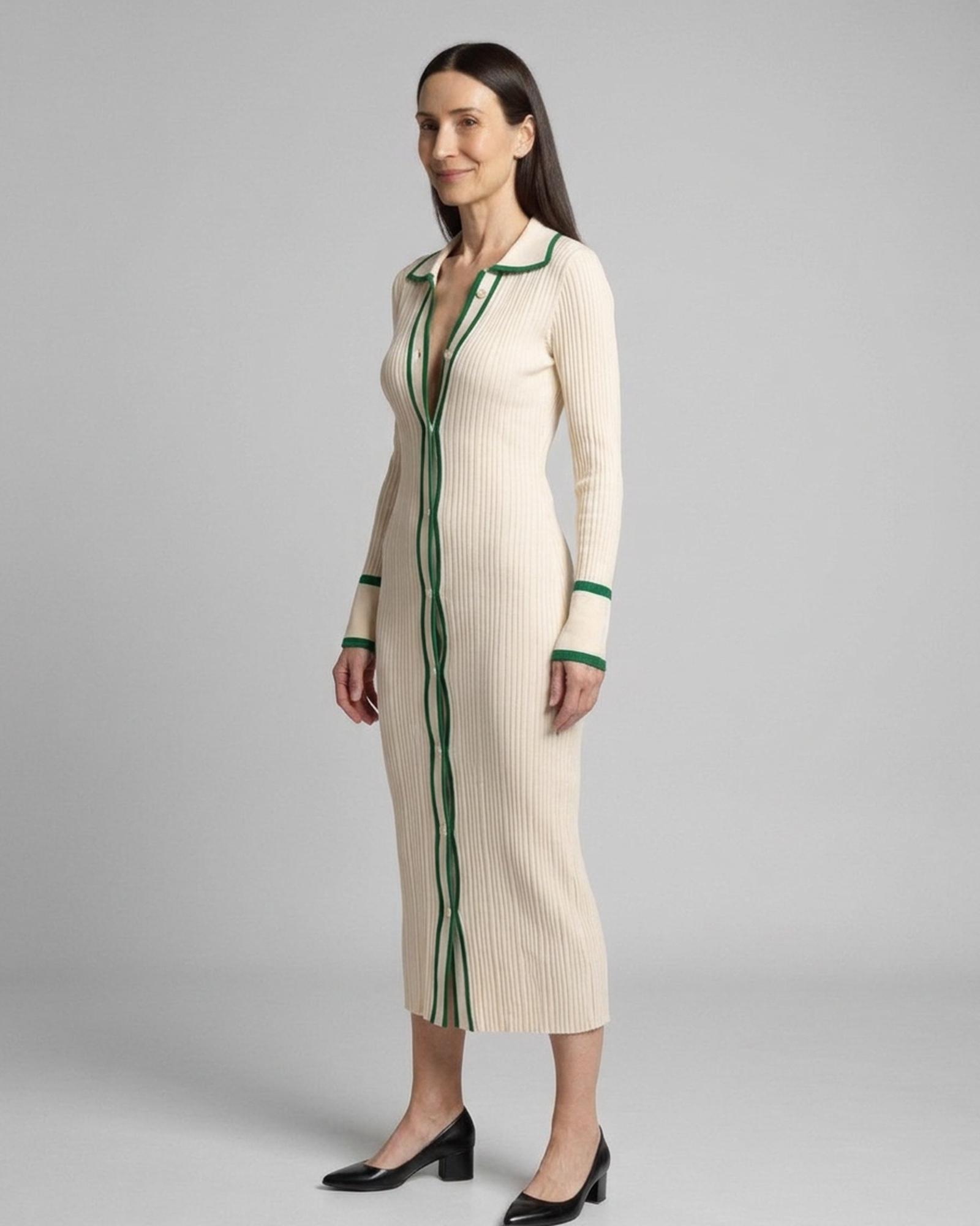 Klaske cream ribbed knit midi dress with green contrast trim and button front, three-quarter view (AI visualisation)